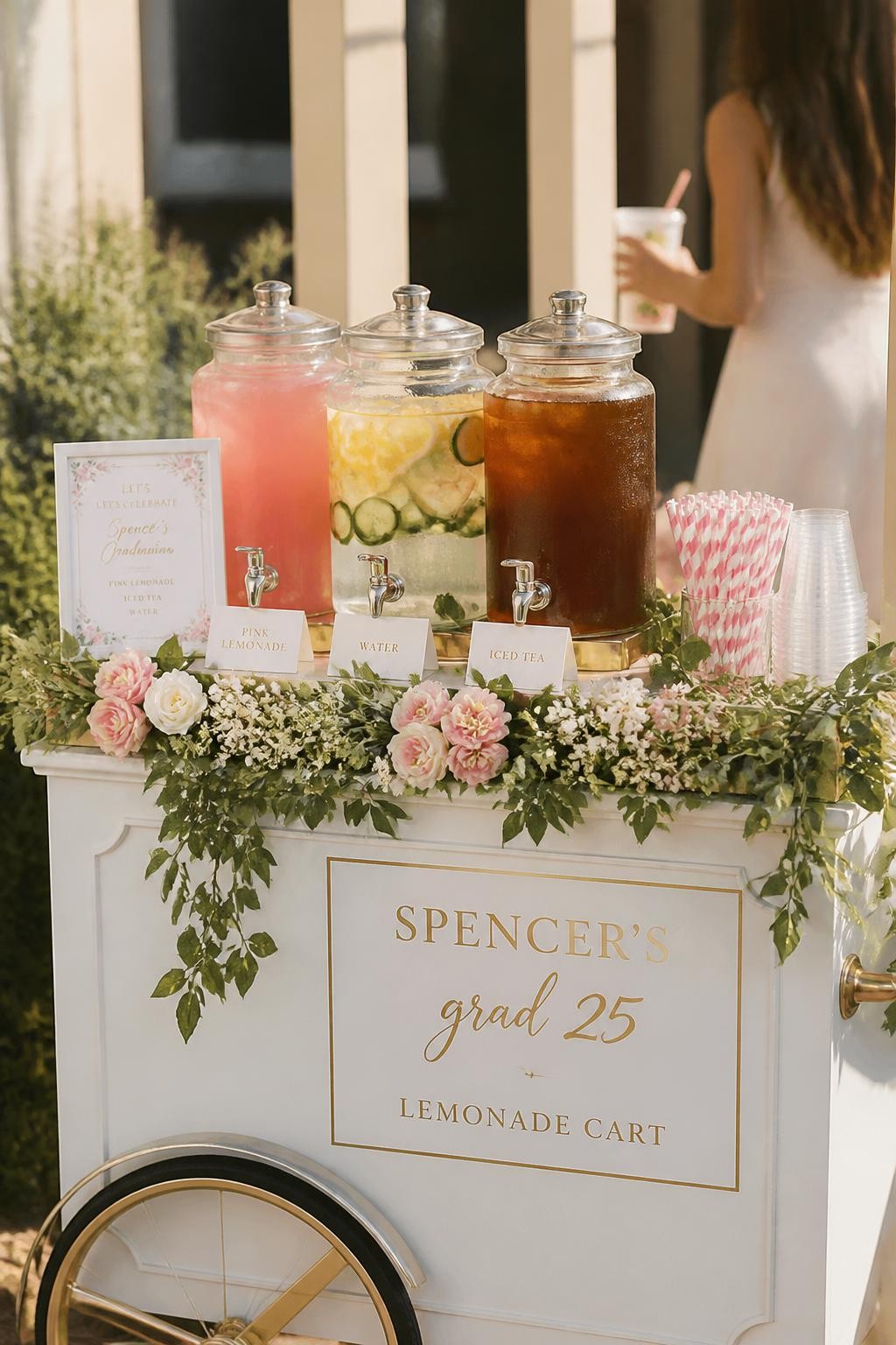 A realistic DSLR photo of a classy floral lemonade cart for a graduation party with glass dispensers, pink lemonade, fruit-infused water, iced tea, floral garlands, striped straws, custom drink labels, and a guest reaching for a cup in the background with face not visible and softly out of focus, bright outdoor party lighting, realistic event photography.