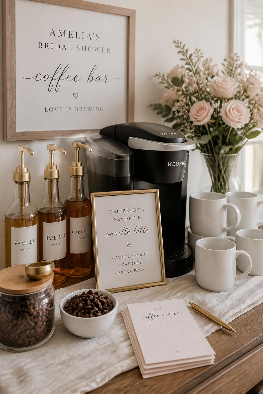 A realistic DSLR photo of a personalized bridal shower coffee bar, small framed sign reading the bride’s favorite coffee order, compact coffee machine, labeled syrup bottles, stack of white mugs, jar of coffee beans, small bowl of chocolate curls, mini recipe cards for guests, blush flowers, warm natural light, thoughtful home party styling, no people.