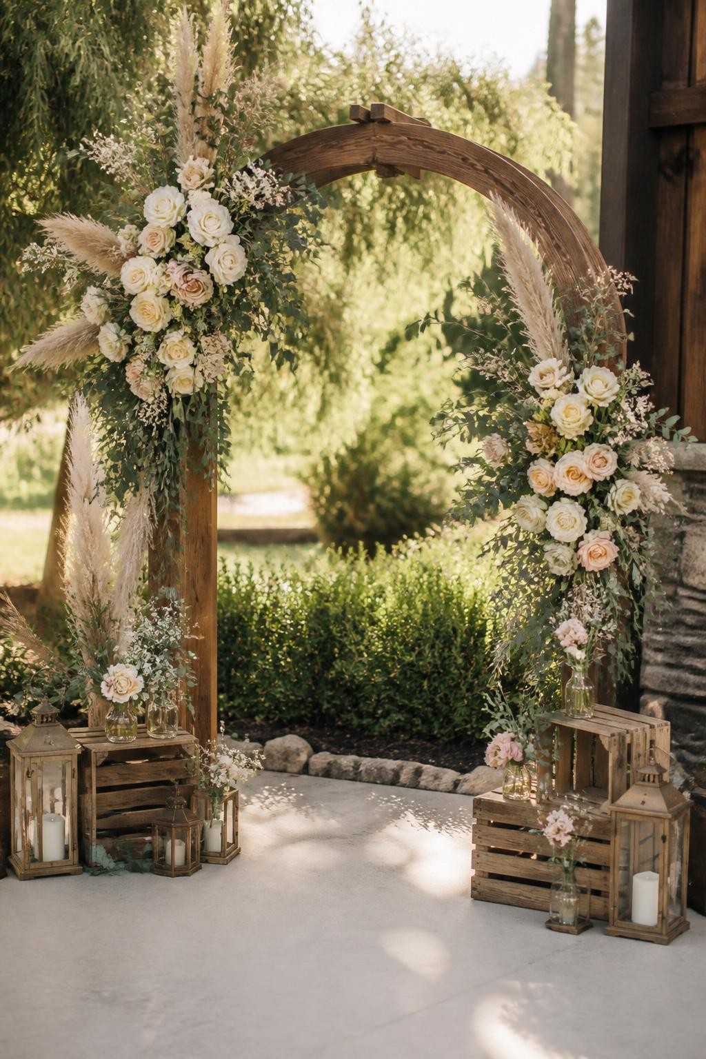 Image Prompt:
A single realistic editorial-style photo of a rustic floral arch backdrop with a natural wood arch frame, ivory roses, blush flowers, dried grasses, eucalyptus, and small wildflowers arranged asymmetrically, wooden crates and lanterns at the base, outdoor garden or barn wedding setting, no people, no faces, soft afternoon sunlight, realistic high-end event photography, no text, no watermark.