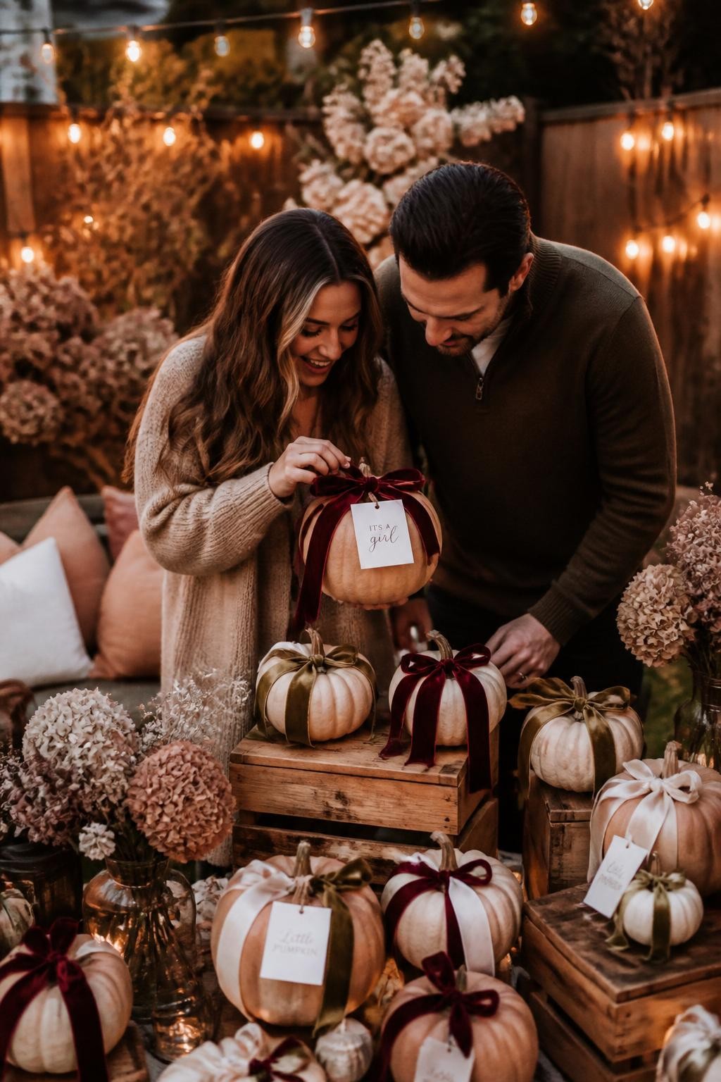 A realistic editorial photo of an October backyard gender reveal, small pumpkins decorated with velvet ribbons, wooden crates, dried flowers, warm string lights, parents finding one special pumpkin with a hidden message tag under the ribbon, cozy elegant autumn party styling, DSLR photography