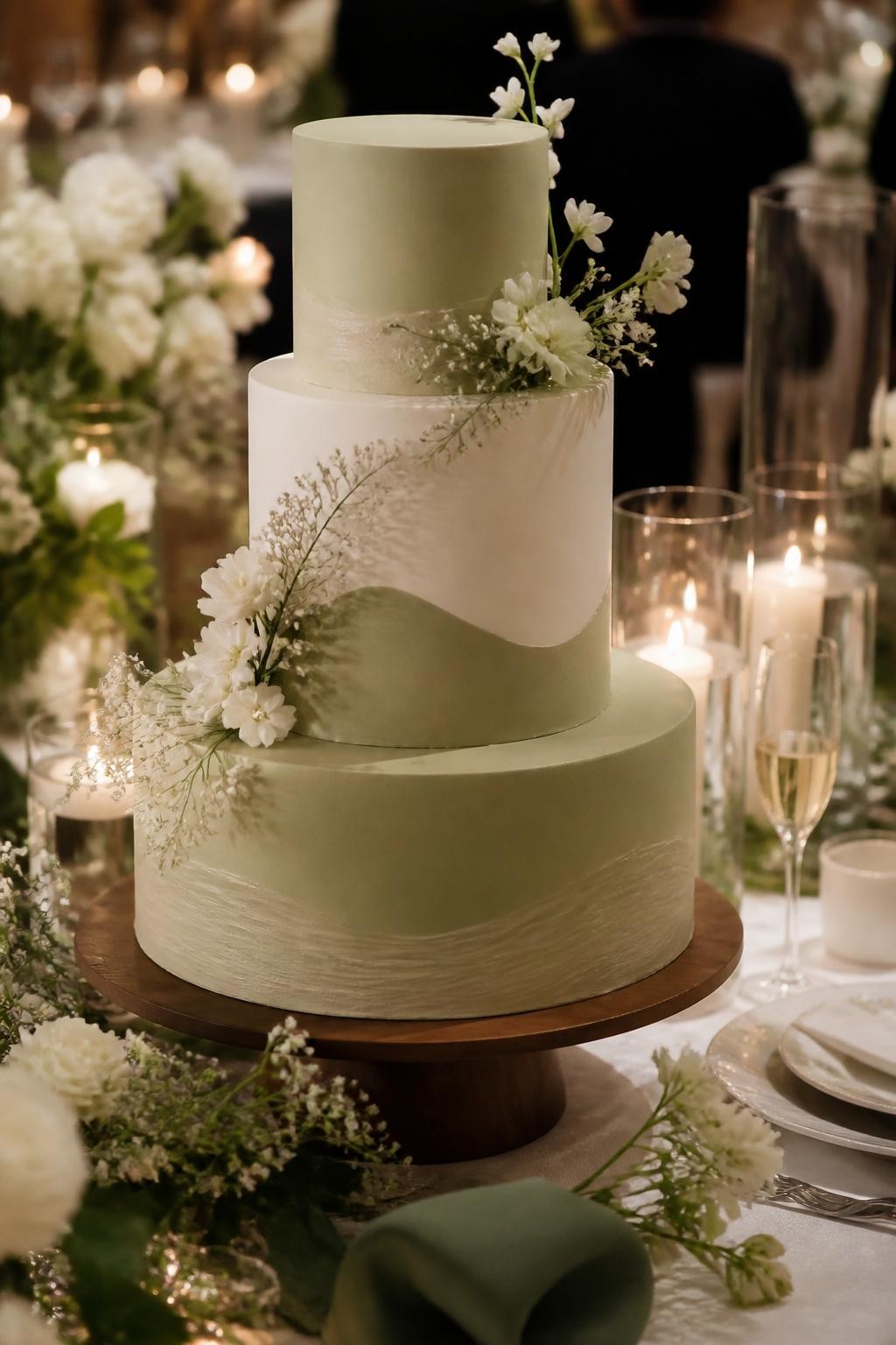 Image Prompt: Ultra-realistic wedding reception photo of a Japanese-inspired wedding cake with smooth matcha green and ivory tiers, refined clean lines, and soft floral or greenery accents. Keep the matcha tone gentle and elegant. Place the cake on a beautifully styled wedding cake table with candles, white flowers, greenery, fine linens, champagne glasses, and a softly blurred reception backdrop. Keep the cake in sharp focus. No visible faces. If people appear, show only back views, side views in blur, cropped hands, or neck-down figures. Realistic matcha green icing tone, smooth texture, soft wedding lighting, DSLR editorial photography. (no watermarks on images)