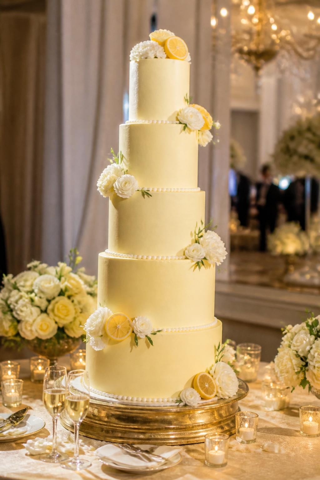 Image Prompt: Ultra-realistic wedding party photo of a tall lemon statement wedding cake with multiple elegant tiers, smooth pale lemon icing, refined floral accents, subtle pearl details, and polished lemon-inspired finishing touches. Place the cake on a grand reception cake table with candles, pale yellow floral centerpieces, champagne glasses, fine linens, and a softly blurred luxury wedding venue backdrop. Keep the cake as the main focus. No visible faces. If people appear, show only cropped hands, side views in blur, back views, or neck-down figures. Realistic cake height, smooth icing texture, fresh lemon accents, DSLR editorial wedding photography. (no watermarks on images)