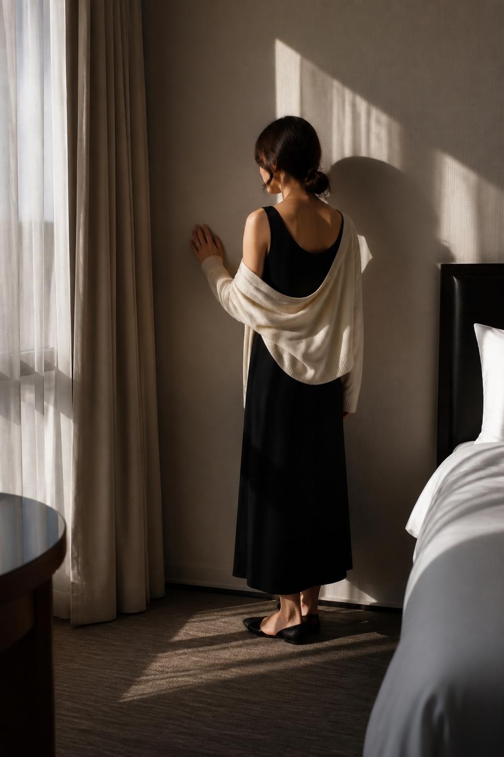 A realistic editorial hotel room photoshoot of an adult woman standing near a window where soft curtain shadows fall across the wall and floor. She wears a simple black sleeveless midi dress layered with a light cardigan, styled modestly. Her face is turned away from the camera, with one hand resting gently on the wall. The hotel room has cream curtains, white bedding, neutral carpet, and dramatic natural light patterns. High-end magazine-style photography, realistic shadows, vertical composition.