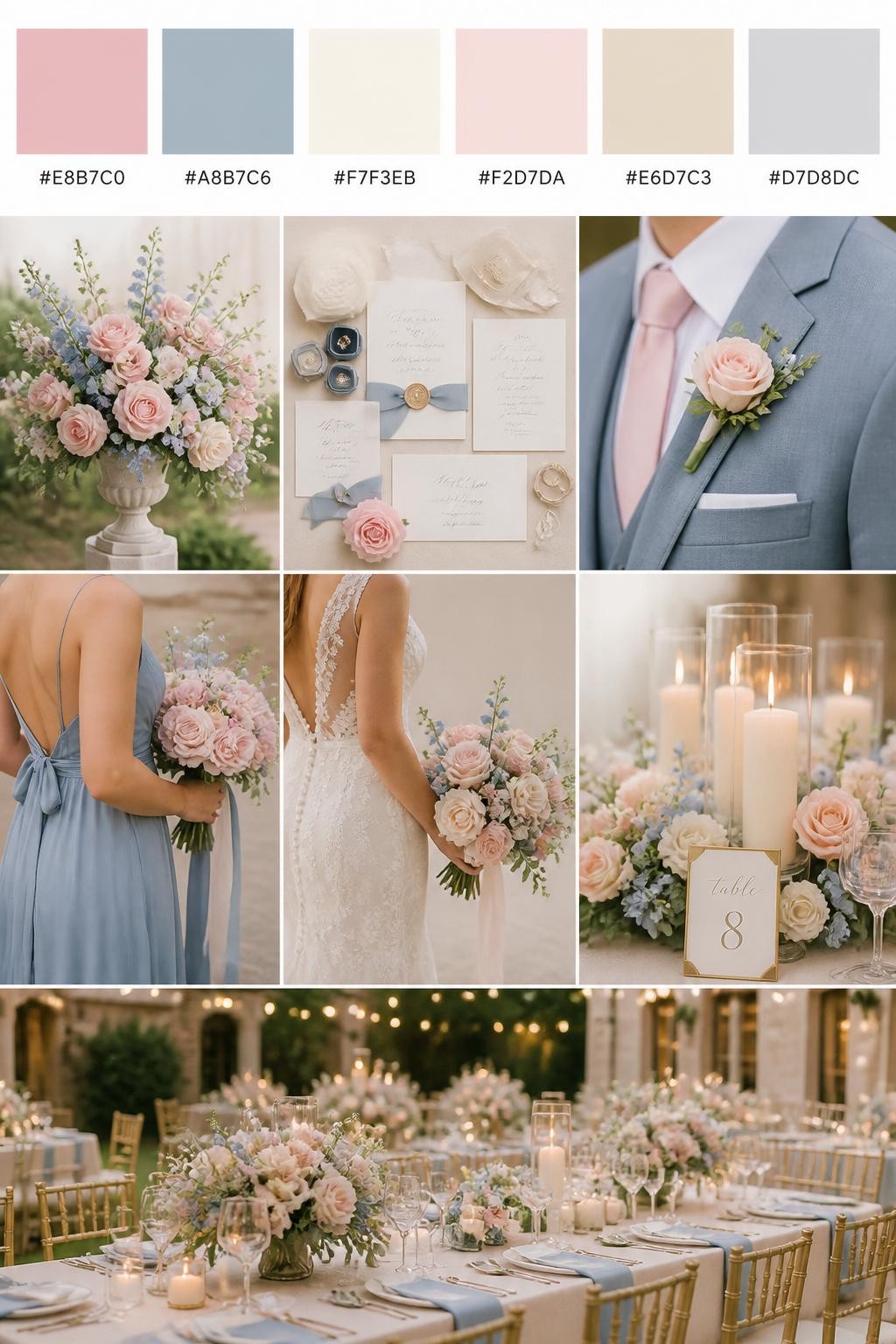 Image Prompt:
A realistic wedding palette board with a top row of color swatches and hex codes in soft pink, dusty blue, cream, pale blush, warm beige, and soft gray. Below, show a polished collage of pink flowers, dusty blue ribbon, cream candles, elegant paper goods, a groom suit detail with boutonniere and no visible face, cropped dress shots, bouquet styling in hands-only composition, and a romantic reception table. Use no full faces, with side crops, back views, and no-people decor shots for variety. The mood should feel soft, calm, romantic, and polished with true-to-life DSLR quality. 9:16 vertical format. (no watermarks on images)