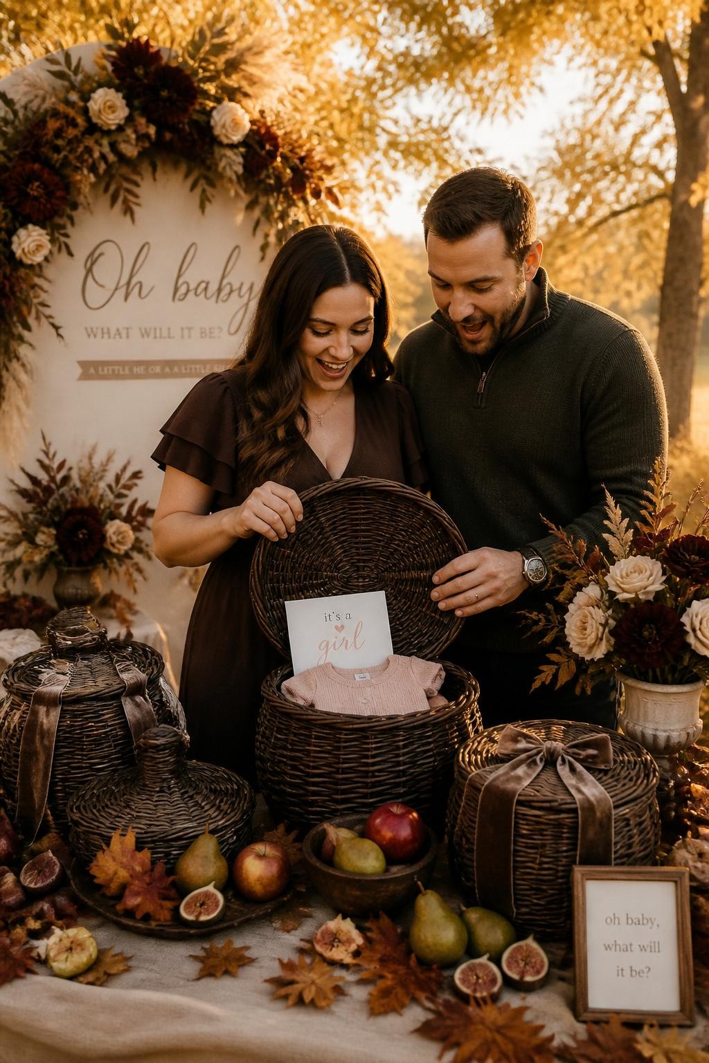 A realistic editorial photo of an October gender reveal styled with dark wicker baskets, apples, pears, figs, dried leaves, velvet ribbon, parents opening one covered basket to reveal a folded baby item and message card in one reveal color, warm golden outdoor light, elegant autumn party photography