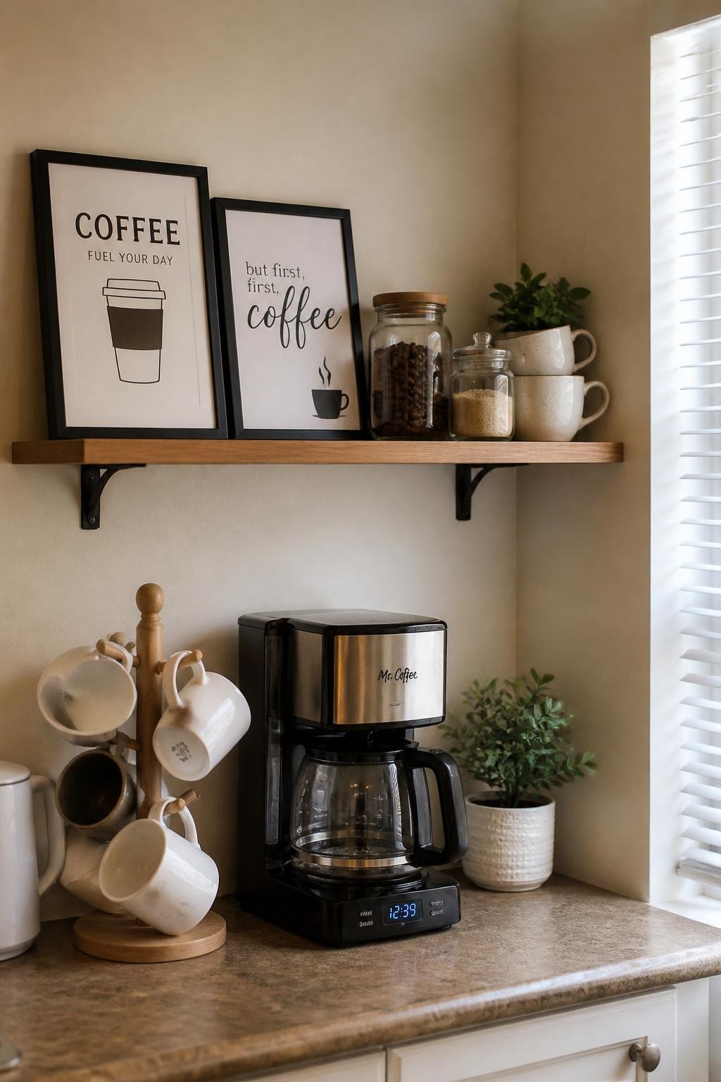 A realistic DSLR photo of a tiny coffee bar shelf in a small kitchen, narrow floating shelf holding two framed coffee prints, glass jars of coffee beans and sugar, small ceramic mugs, compact coffee maker on the counter below, soft cream wall, warm daylight, clean budget DIY home decor styling, no people.