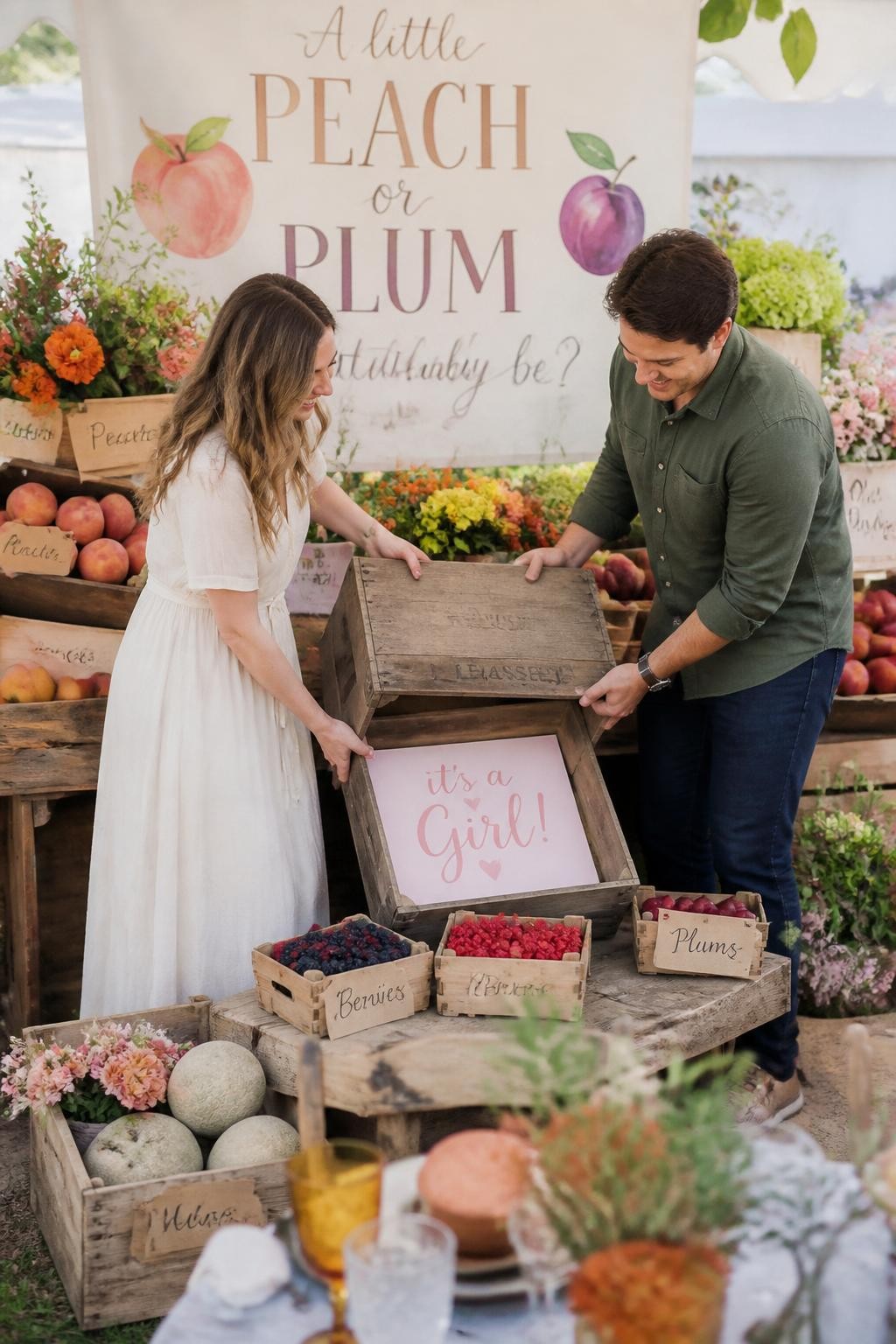 A realistic editorial photo of a gender reveal party styled like a late-summer fruit market, wooden crates filled with peaches, plums, berries, melons, handwritten kraft tags, soft flowers, parents lifting one special fruit crate to reveal a hidden baby message, warm daylight, colorful but elegant August party styling