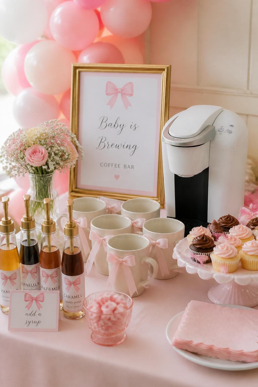 A realistic DSLR photo of a baby shower coffee bar with a pink bow theme, light pink tablecloth, white coffee machine, cream mugs tied with tiny pink ribbon bows, glass syrup bottles with bow labels, pink sugar cubes in a small bowl, mini cupcakes on a cake stand, soft pink balloon garland, warm natural light, feminine baby shower styling, no people.
