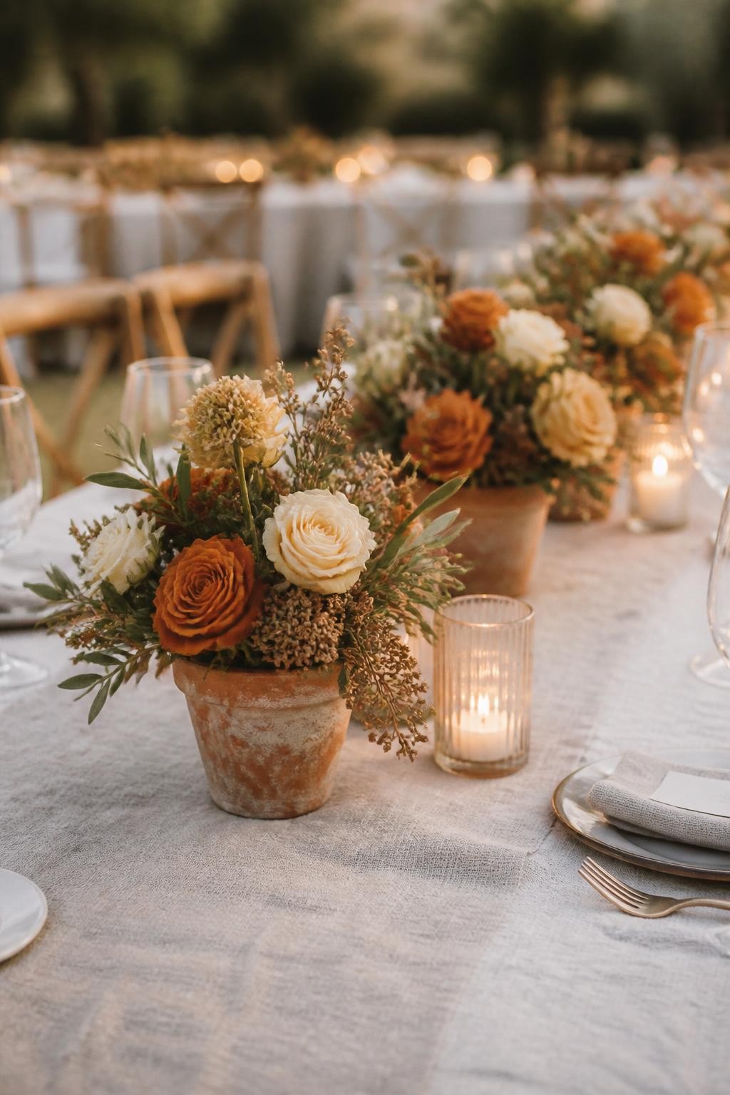 Realistic DSLR photo of small aged terracotta pots used as fall wedding centerpieces, each filled with rust roses, cream blooms, olive leaves, and dried seed pods, arranged down a linen runner with simple candles, outdoor garden wedding setting, warm natural light, soft editorial style.