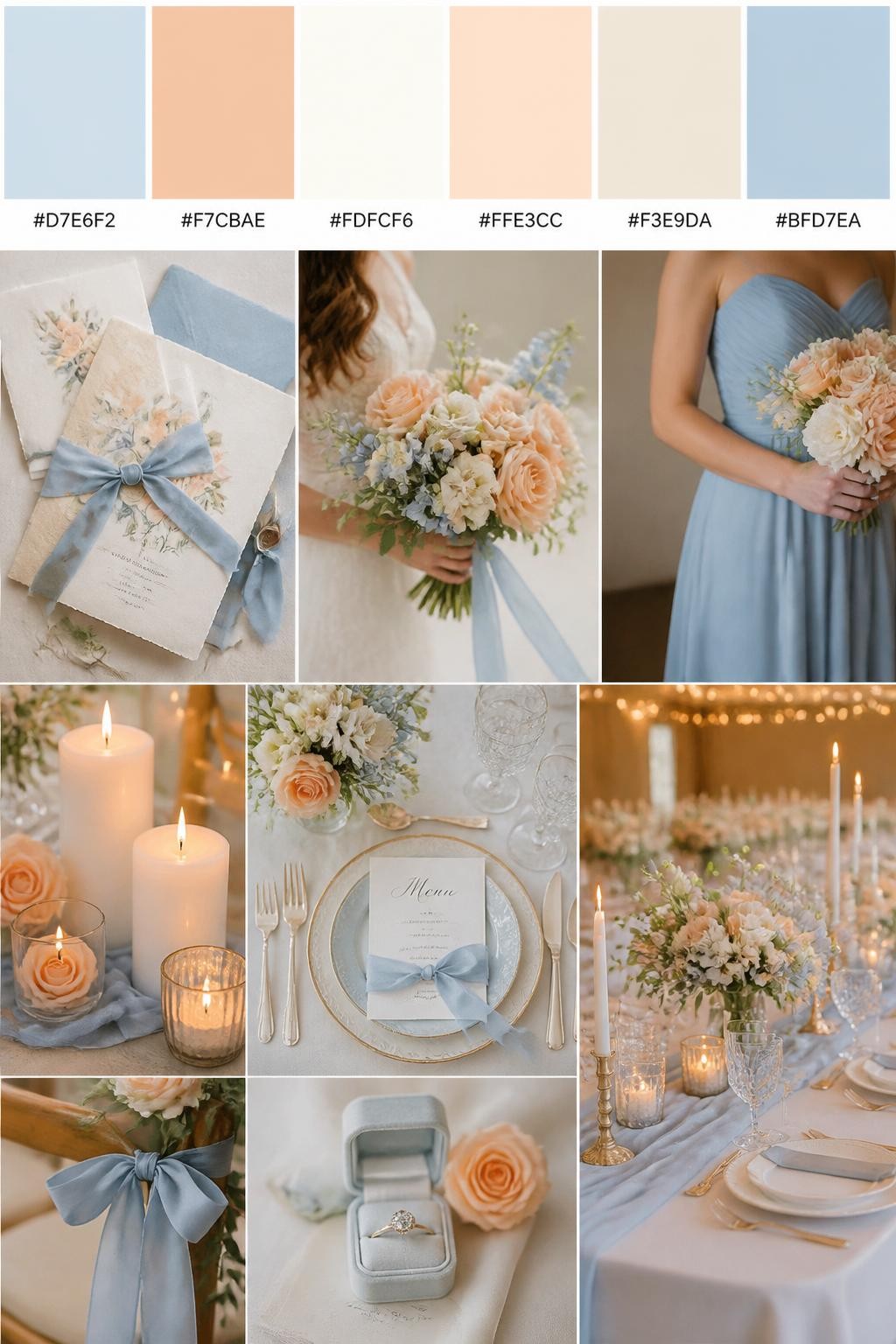 Image Prompt:
A realistic Pinterest-style wedding palette board with a top row of swatches and hex codes in baby blue, peach, ivory, soft apricot, pale beige, and powder blue. Below the swatches, create a sweet wedding collage with baby blue ribbon, peach flowers, ivory candles, elegant place settings, romantic stationery, a side-view bouquet shot, a bridesmaid dress detail cropped below the shoulders, and a no-people reception tablescape under warm light. Use varied no-face compositions, including hands-only details, back-view styling, side-view crops, and no-people decor scenes. DSLR photo realism, 9:16 vertical format. (no watermarks on images)