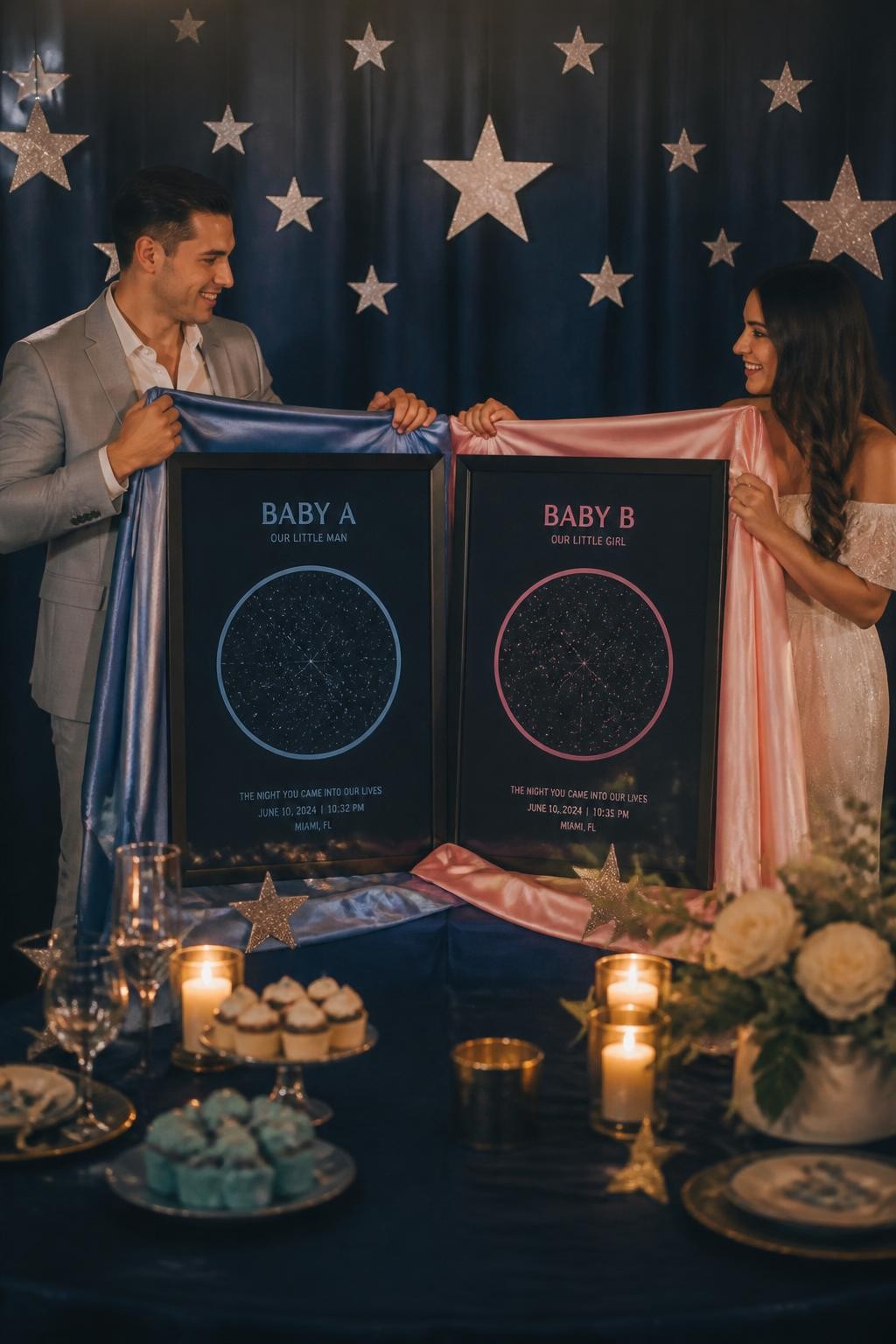 A realistic editorial photo of a celestial twin gender reveal party, dark navy backdrop, two star maps labeled Baby A and Baby B, soft silver stars, candles, parents unveiling two constellation prints with reveal color accents, dreamy evening setting, elegant DSLR lifestyle photography