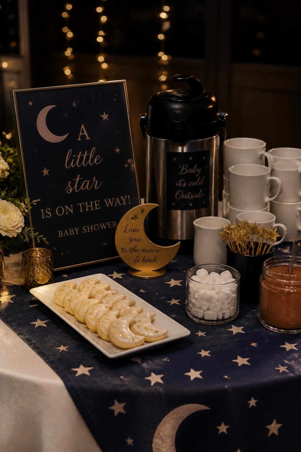 A realistic DSLR photo of a moon and stars baby shower coffee bar, navy and cream table runner, warm coffee dispenser, white mugs, gold star stirrers, glass jars of sugar cubes and cocoa powder, moon-shaped cookies, small gold crescent moon sign, soft twinkle lights in the background, cozy evening baby shower styling, no people.