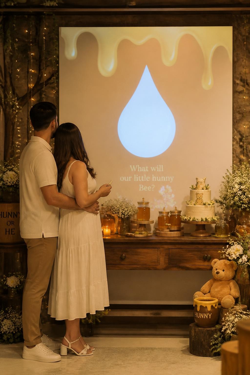 A realistic editorial photo of a modern Winnie the Pooh-inspired gender reveal party, not Disney style, cream wall with a soft honey drop projection, warm yellow lighting, wooden dessert table, honey jars, parents standing together as the projected honey drop changes into one reveal color, cozy futuristic storybook atmosphere, DSLR lifestyle photography