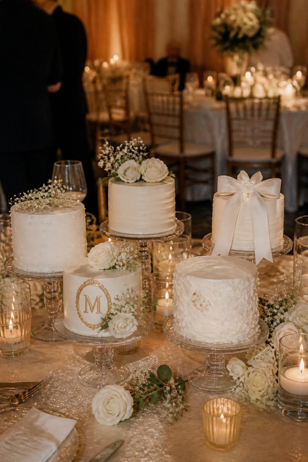 Image Prompt: Ultra-realistic wedding party scene showing a coordinated display of several petite wedding cakes arranged together on a styled reception dessert table. Each small cake should have a unique but matching design, such as florals, pearls, bows, textured buttercream, or monogram details, all tied together in one elegant wedding look. Include candles, flowers, fine linens, and a real reception backdrop. Keep the cake display as the focus. No visible faces. If people appear, show only cropped hands, side views in blur, back views, or neck-down figures. Realistic cake textures, cohesive styling, soft romantic lighting, DSLR editorial quality. (no watermarks on images)