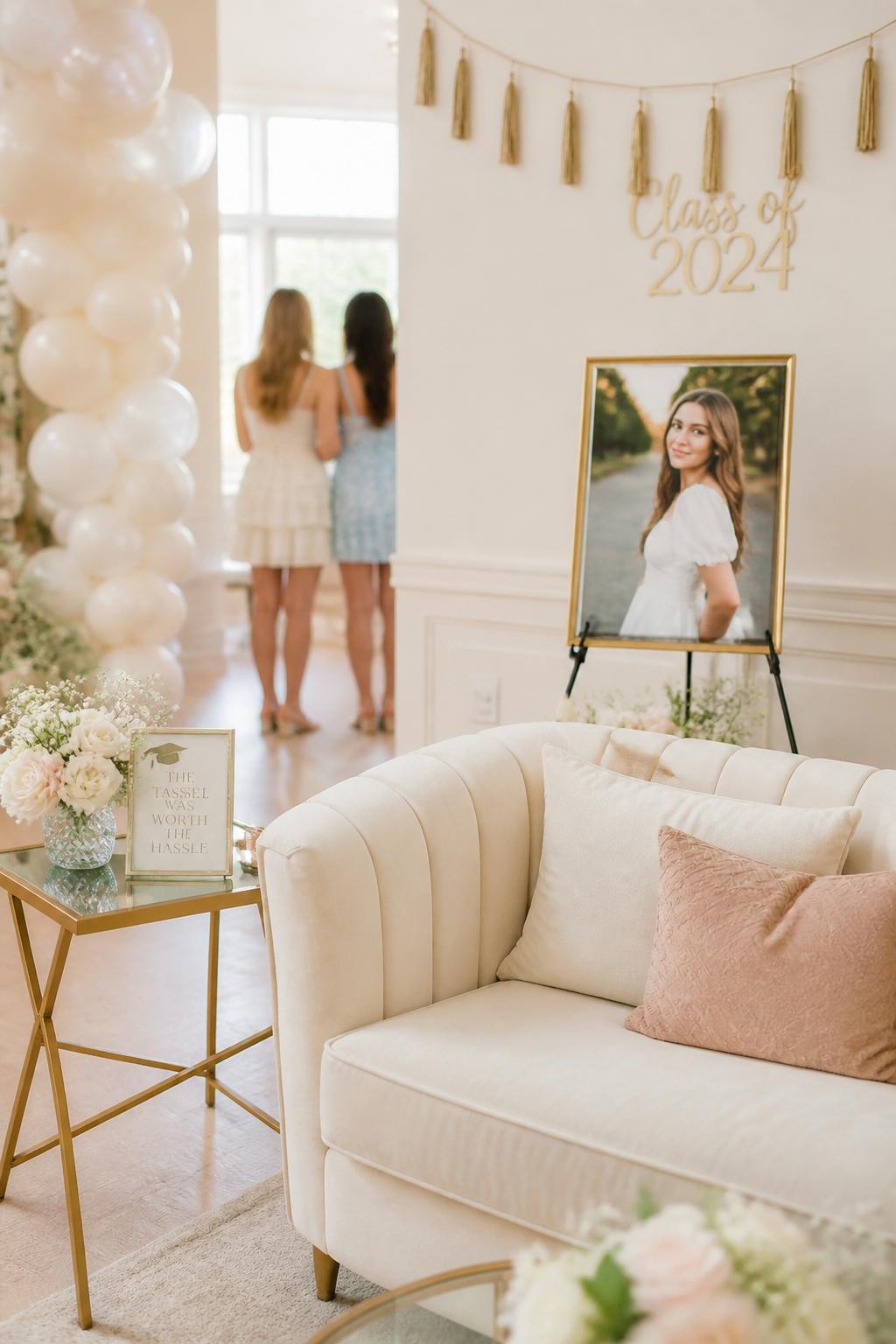 A realistic DSLR photo of a classy white and gold graduation photo lounge with a cream sofa, gold side table, framed senior portrait, white balloons, soft flowers, tassel garland, and two friends standing in the background with their backs turned and out of focus, bright indoor natural light, polished event styling.
