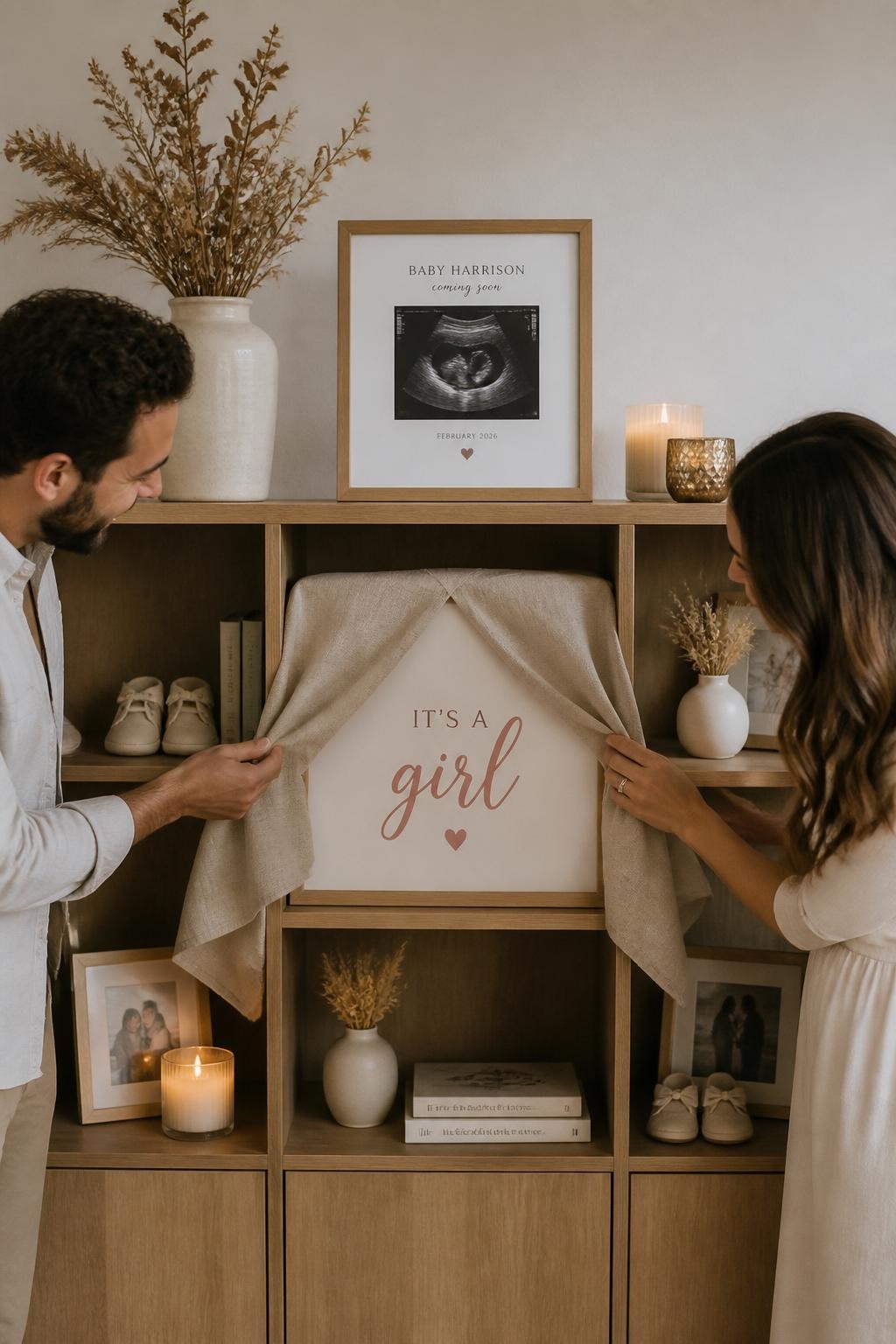 A realistic editorial photo of a chic gender reveal memory shelf at home, wooden shelves styled with baby shoes, framed ultrasound-style print, candles, dried flowers, ceramic vase, one covered cubby with linen cloth, parents removing the cloth to reveal the baby message in one soft color, warm home lighting, vertical composition