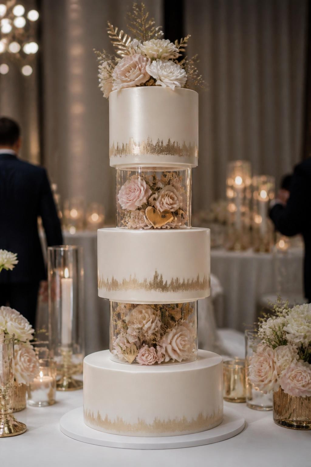 Image Prompt: Ultra-realistic wedding party image of a modern tiered wedding cake with clear floating separators between tiers, filled or surrounded by delicate flowers and elegant decorative elements. Place the cake in a stylish wedding reception scene with modern tablescapes, candles, floral centerpieces, and a polished venue backdrop. The cake should be the main focal point. No visible faces. If people appear, show only blurred back views, side views, cropped figures from the neck down, or hands adjusting the table. Realistic acrylic separator detail, elegant cake styling, soft flattering lighting, DSLR realism. (no watermarks on images)