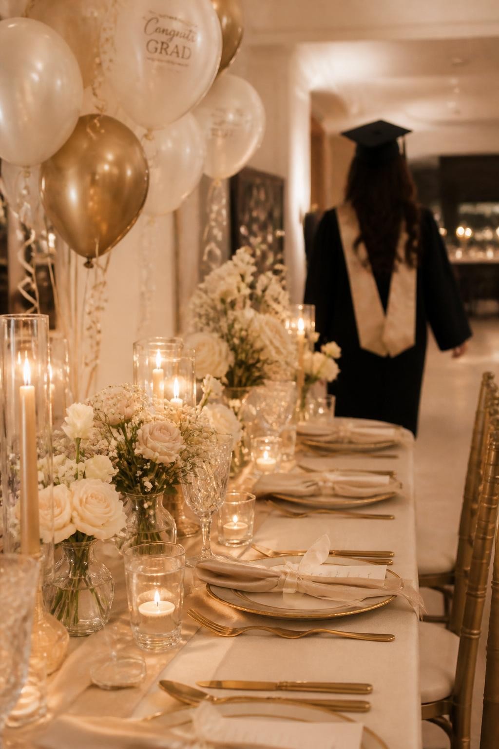 A realistic DSLR photo of a classy champagne-tone graduation dinner with ivory and champagne balloons, long dining table, gold flatware, soft flowers, candles, glassware, ribbon-tied napkins, and a graduate walking away in the background slightly out of focus, warm evening indoor lighting, elegant realistic event photography.