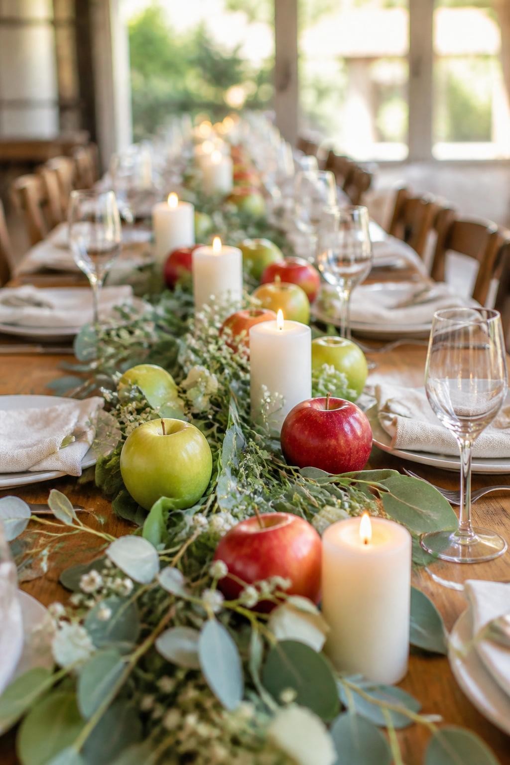 Realistic DSLR photo of a simple fall wedding table runner made with red apples, green apples, loose eucalyptus, cream candles, and small white flowers, arranged down the center of a wooden reception table with linen napkins and warm natural light, cozy orchard wedding style.