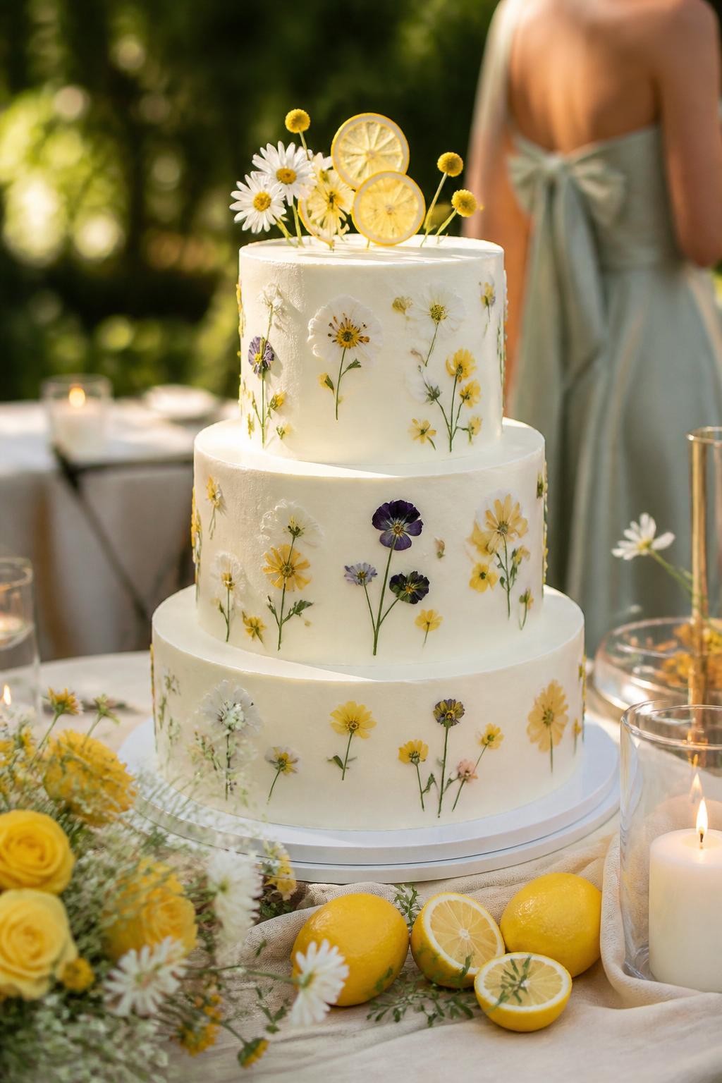 Image Prompt: Ultra-realistic wedding party scene featuring a lemon wedding cake decorated with delicate pressed edible flowers, tiny yellow-toned blossoms, and subtle lemon details on smooth white or ivory buttercream tiers. Place the cake on a styled reception cake table with candles, floral arrangements, linen draping, and a softly blurred garden wedding background. Keep the cake as the main focus. No visible faces. If people appear, show only cropped hands, back views, side angles, or neck-down figures. Realistic pressed flower texture, smooth buttercream, fresh lemon detail, natural wedding lighting, DSLR editorial quality. (no watermarks on images)