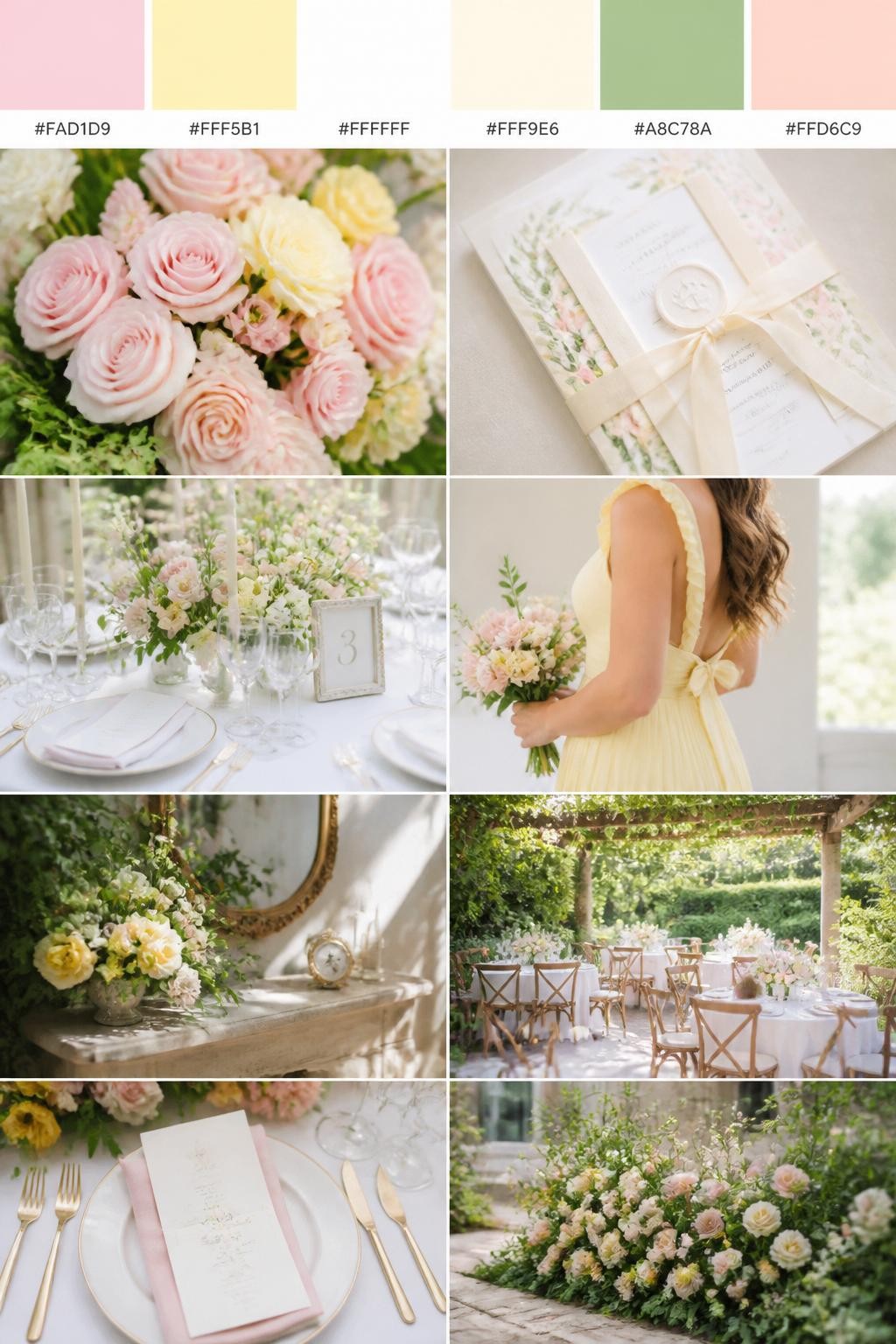 Image Prompt:
A realistic wedding color palette collage with a top row of swatches and hex codes in pale pink, butter yellow, white, soft cream, fresh green, and pale peach. Below, show realistic wedding details such as pale pink roses, yellow blooms, white table styling, elegant stationery, hands tying an invitation suite, a cropped-from-neck bridesmaid dress detail, and a sunny garden reception setup. Keep all people shown from the back, side, or cropped below the face, and include some no-people decor scenes for variety. The mood should feel fresh, cheerful, soft, and romantic with DSLR-quality realism. 9:16 vertical format. (no watermarks on images)