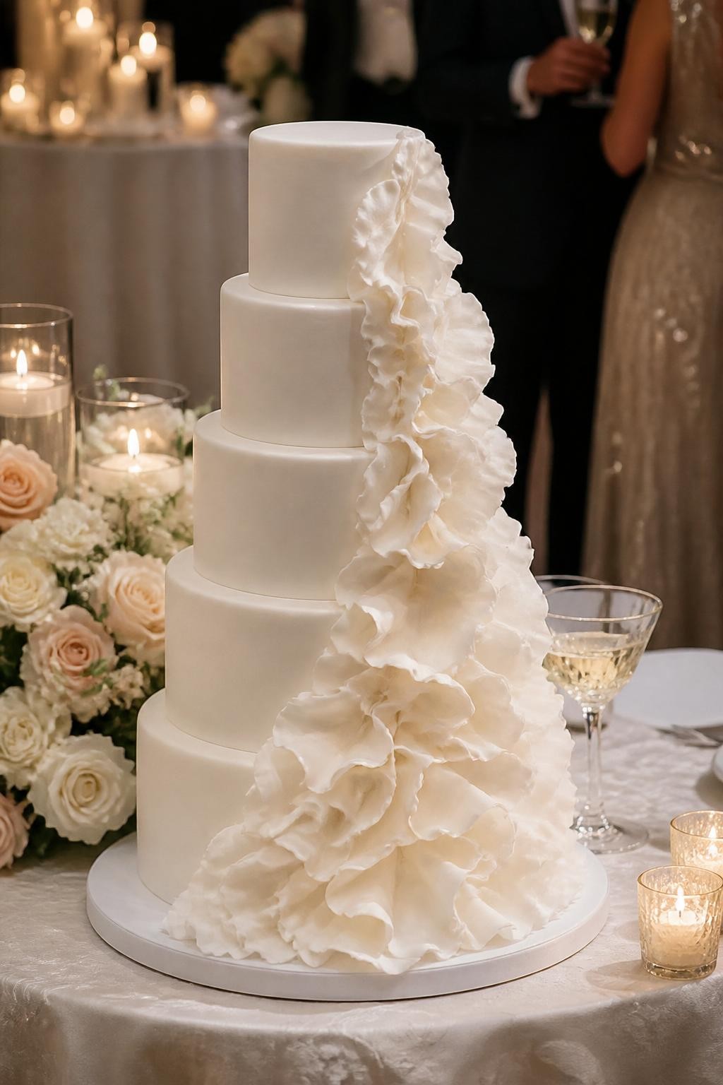 Image Prompt: Ultra-realistic wedding reception image of a tiered wedding cake with cascading sugar ruffles flowing down one side like a waterfall, styled in a romantic wedding party scene. Place the cake on a beautiful reception table with floral arrangements, candles, elegant linens, and a softly blurred venue backdrop. The cake should be the main focus. No visible faces. If people appear, show only blurred side views, back views, hands holding glasses, or cropped neck-down figures. Realistic sugar ruffle texture, refined cake finish, soft warm lighting, DSLR editorial style. (no watermarks on images)