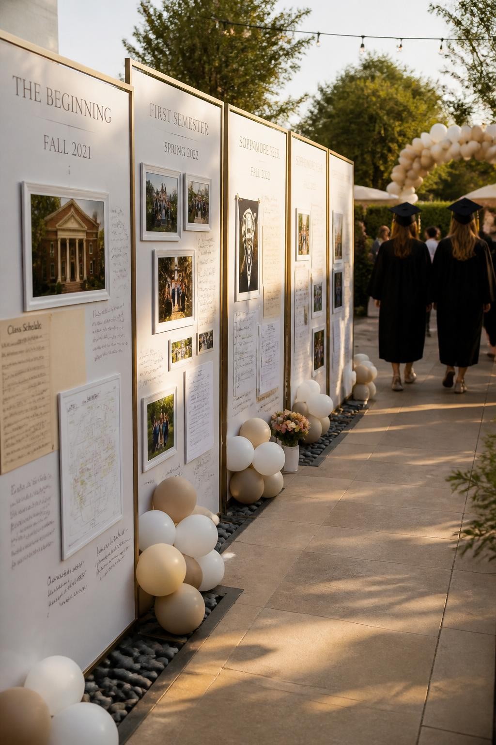 A realistic DSLR photo of a stylish college graduation party entrance with a long timeline walkway made from standing poster boards, framed photos, printed class schedules, campus maps, small handwritten notes, and soft neutral balloons, two graduates walking away from the camera slightly out of focus in the background, warm late afternoon light, polished but personal decor, outdoor garden setting, natural shadows, editorial party photography style.