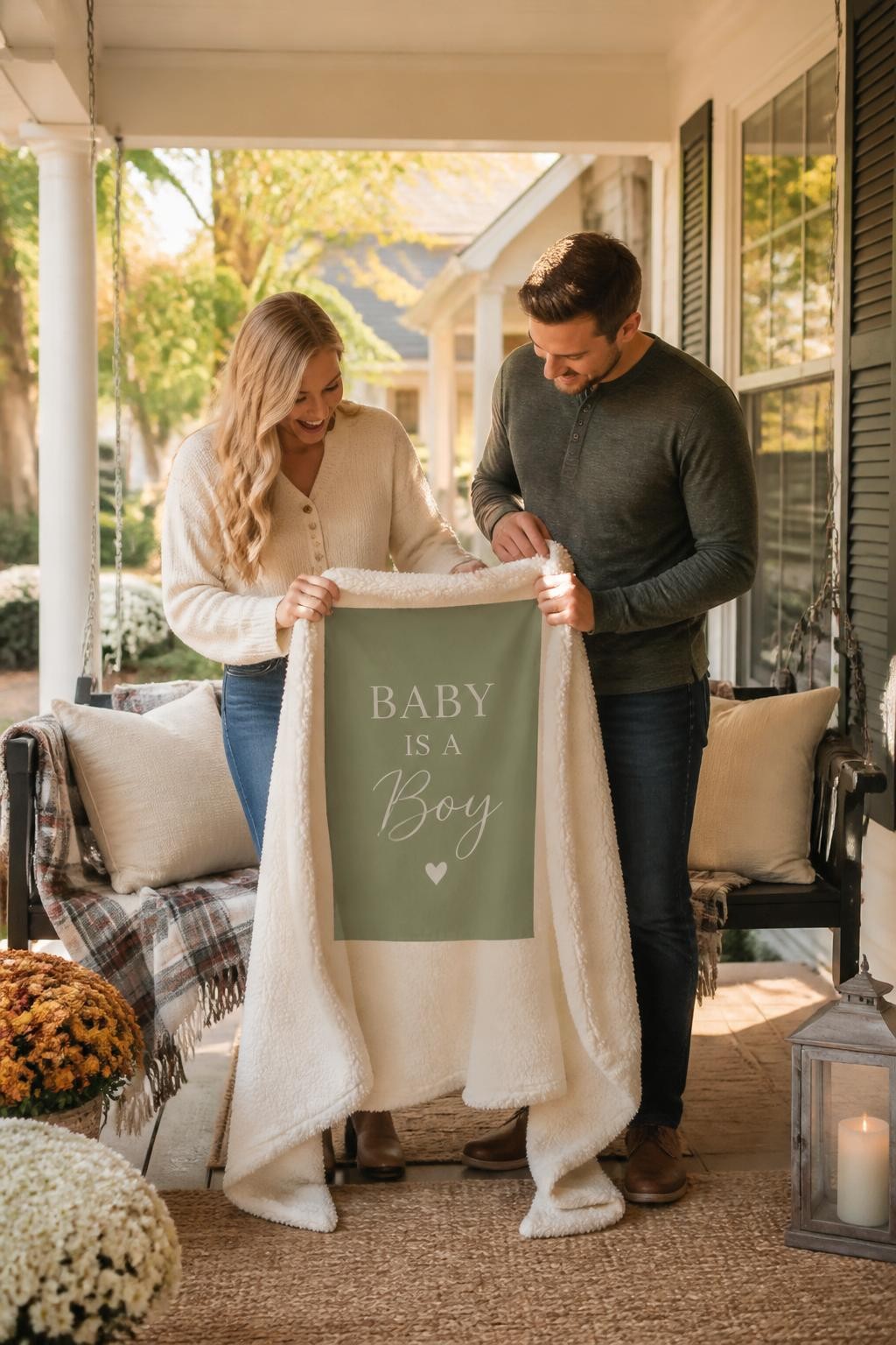 A realistic editorial photo of a September gender reveal on a cozy front porch, porch swing with cream pillows, plaid blanket, mums, lanterns, parents unfolding one special blanket to reveal a hidden color panel and baby message, warm afternoon light, intimate seasonal home styling, vertical DSLR photography