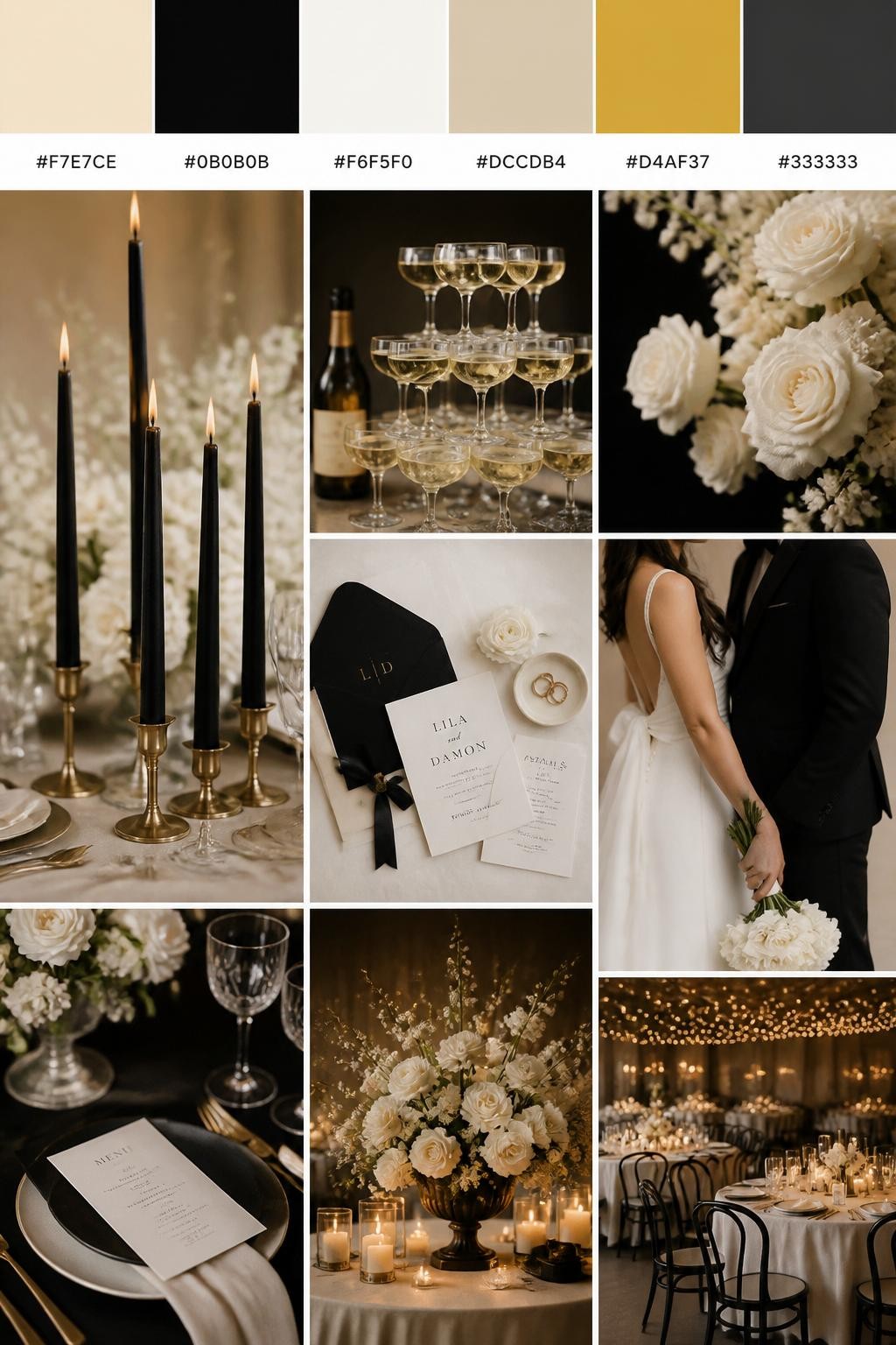 Image Prompt:
A realistic wedding palette mood board in a polished Pinterest collage layout. Include a top strip of color swatches with hex codes in champagne, black, ivory, warm beige, soft gold, and charcoal. Below, show a modern collage with black taper candles, champagne glassware, ivory flowers, sleek table styling, invitation flat lays, a side-view cropped couple shot with no faces visible, bouquet close-ups, and softly lit reception decor. Keep variety in the compositions with no full faces, using back views, hands-only images, and no-people styling scenes. The mood should feel modern, elegant, and romantic with real DSLR photo quality. 9:16 vertical format. (no watermarks on images)