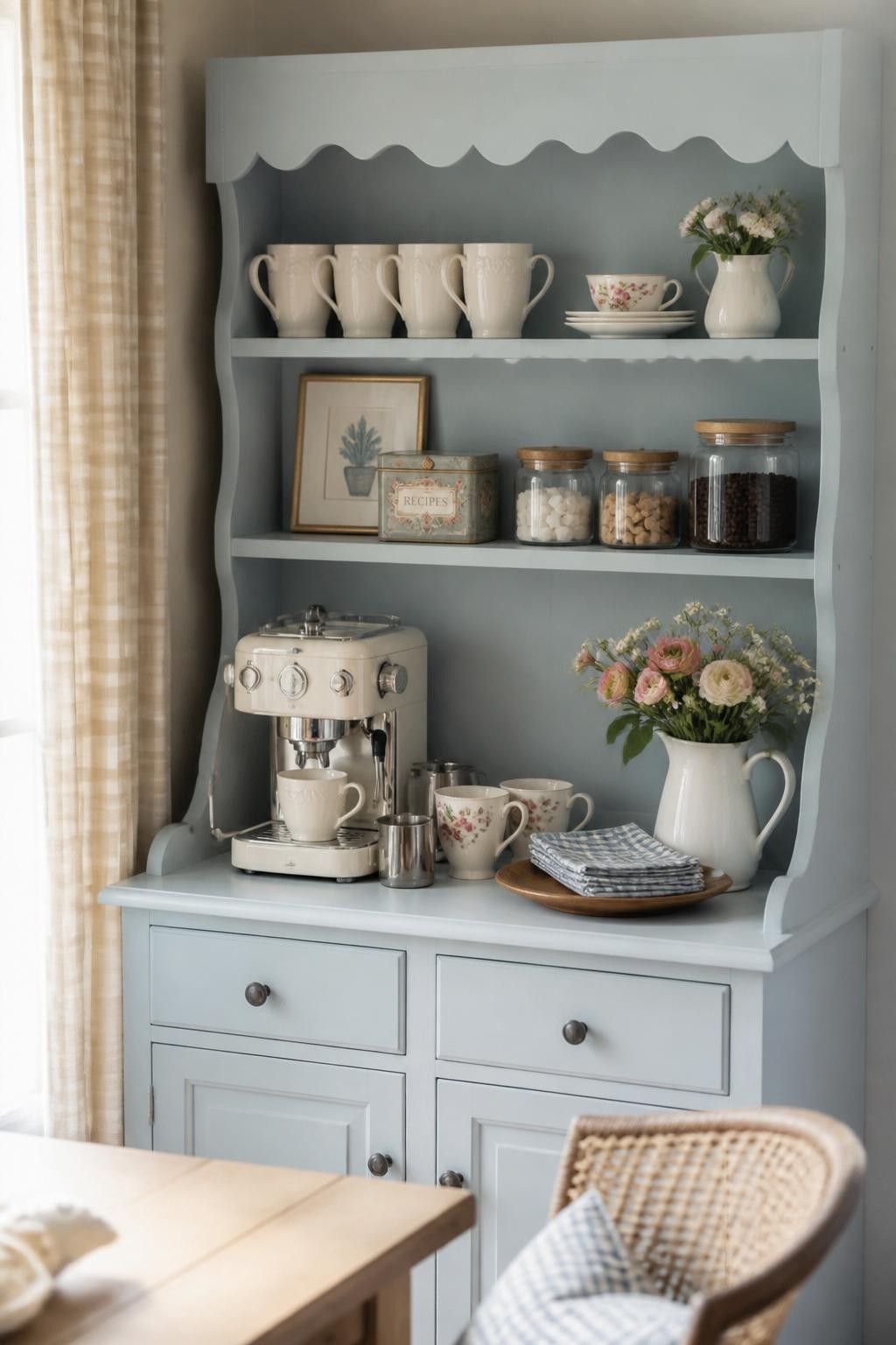 A realistic DSLR photo of a sweet scalloped coffee bar hutch, pale blue painted hutch with scalloped shelf edges, white ceramic mugs, floral cups, compact cream coffee machine, glass jars of sugar cubes and coffee beans, gingham napkins, small ceramic pitcher with flowers, soft daylight, charming cottage dining room styling, no people.