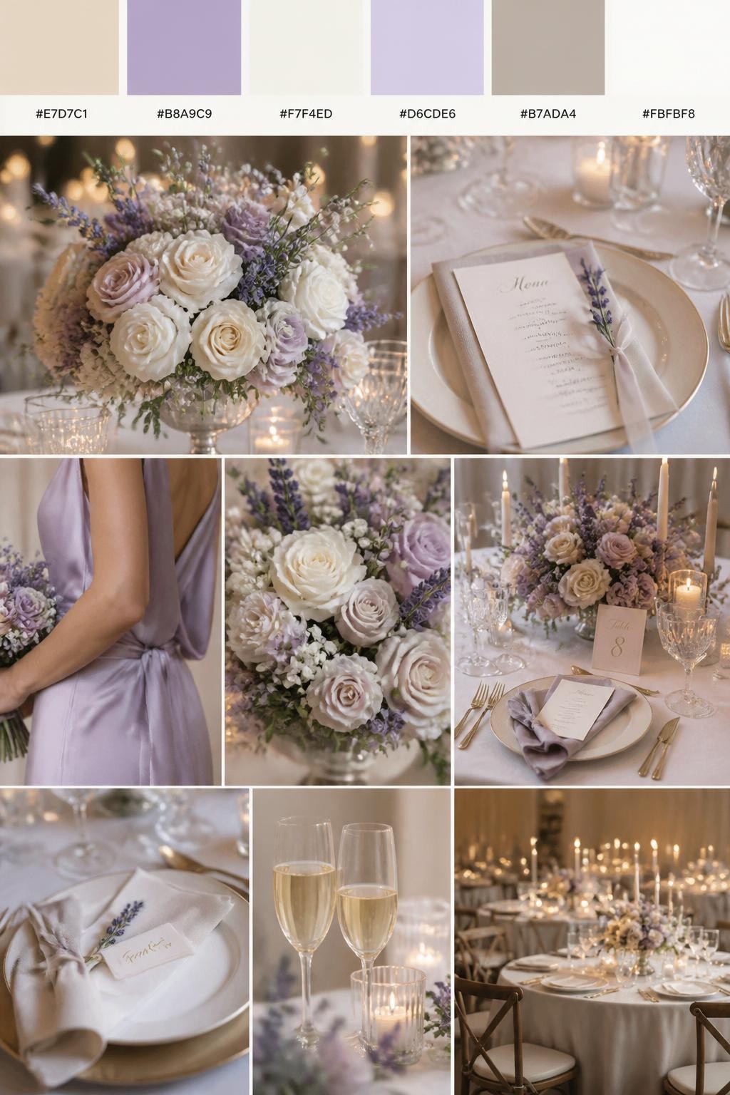 Image Prompt:
A realistic wedding mood board in a Pinterest-style collage layout. Add a top strip of swatches with small hex codes in champagne, lavender, ivory, pale lilac, soft taupe, and pearl white. Below, create a dreamy romantic collage with lavender flowers, ivory table decor, champagne glassware, menu cards, bouquet close-ups, a side-view body detail of a bridesmaid dress with no face shown, hands holding flowers, and no-people reception styling under soft candlelight. Avoid clear faces completely by using cropped, turned-away, or detail-only compositions. DSLR-style realism, 9:16 vertical format. (no watermarks on images)