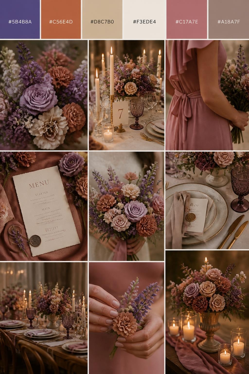 Image Prompt:
A realistic wedding mood board in a Pinterest-style collage layout. Add a top strip of swatches with small hex codes in purple, terracotta, beige, cream, dusty rose, and warm taupe. Below, create a romantic collage with purple flowers, terracotta blooms, beige table decor, menu cards, bouquet close-ups, a side-view body detail of a bridesmaid dress with no face shown, hands holding flowers, and no-people reception styling under soft candlelight. Avoid clear faces completely by using cropped, turned-away, or detail-only compositions. DSLR-style realism, 9:16 vertical format. (no watermarks on images)