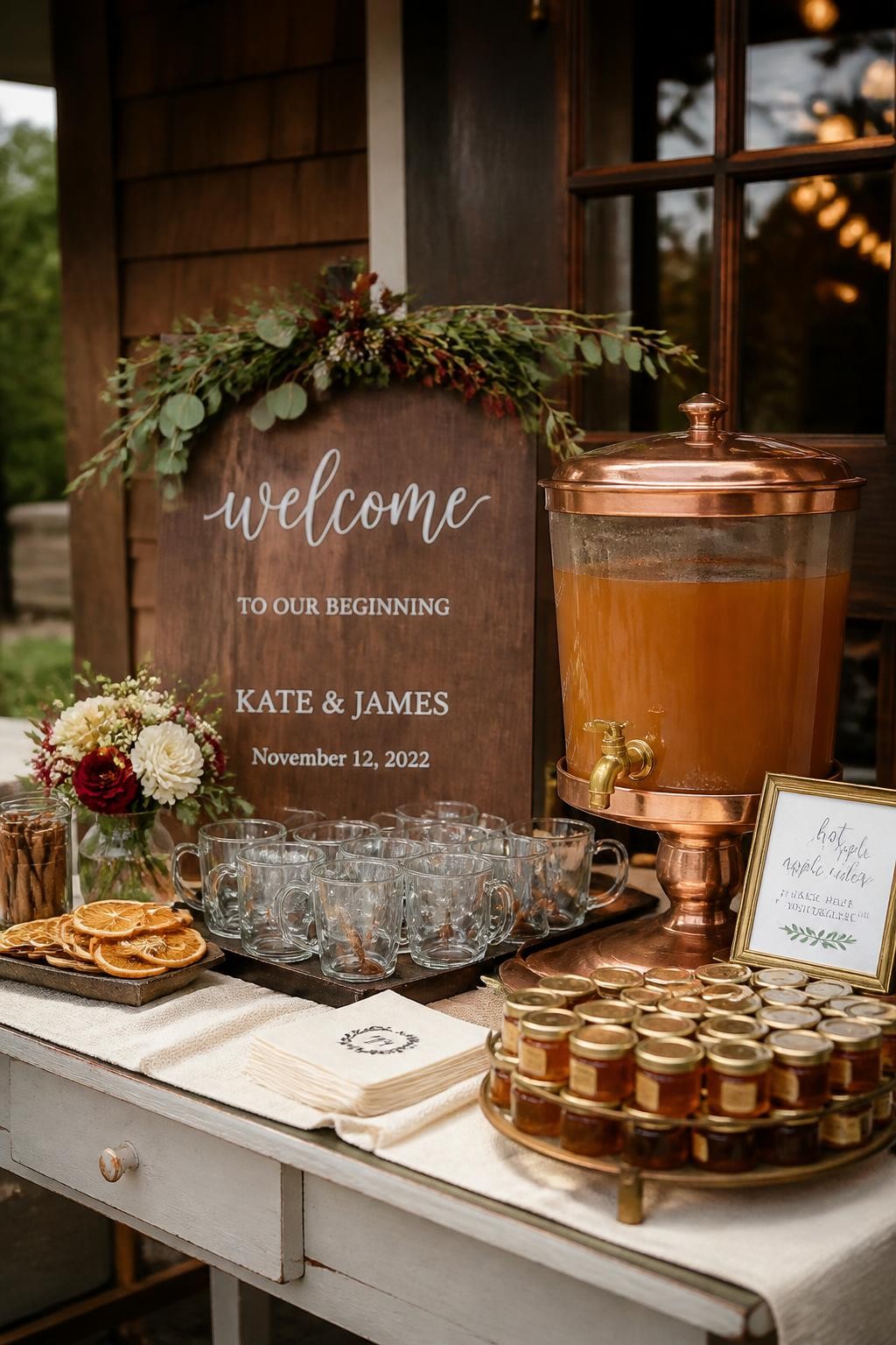 Realistic DSLR photo of a late fall wedding welcome station with a copper drink dispenser filled with hot apple cider, glass mugs, cinnamon sticks, dried orange slices, mini honey jars, cream napkins, small floral arrangement, and a wooden welcome sign, cozy venue entrance, warm natural light.