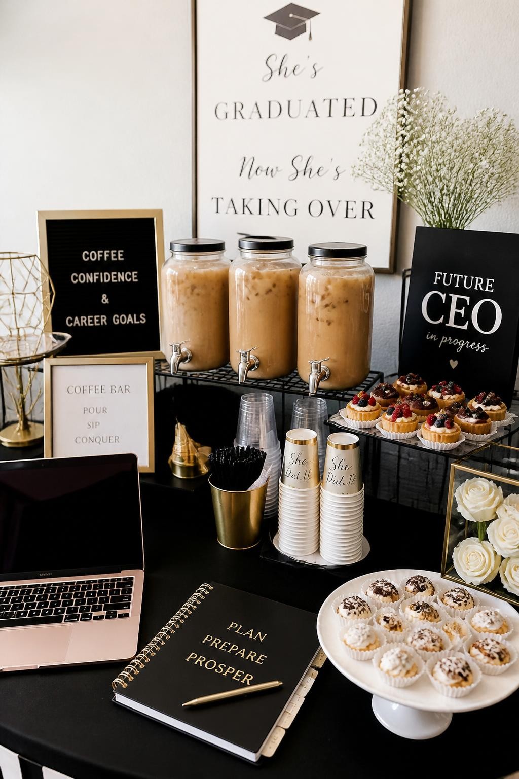 A realistic DSLR photo of a classy graduation coffee and dessert bar with iced coffee jars, gold-rimmed cups, mini pastries, laptop prop, planner, flowers, black and cream signage, and a “Future CEO” sign, no people, clean indoor natural light, modern polished party setup.