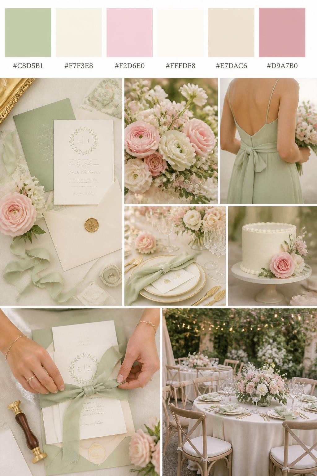 Image Prompt:
A realistic wedding color palette collage with a top row of swatches and hex codes in pistachio green, cream, pale pink, ivory, soft beige, and muted rose. Below, show realistic wedding details such as pistachio-toned ribbon, pale pink flowers, cream table styling, elegant stationery, hands tying an invitation suite, a cropped-from-neck bridesmaid dress detail, and a soft garden reception setup. Keep all people shown from the back, side, or cropped below the face, and include some no-people decor scenes for variety. The mood should feel fresh, cute, and romantic with DSLR-quality realism. 9:16 vertical format. (no watermarks on images)