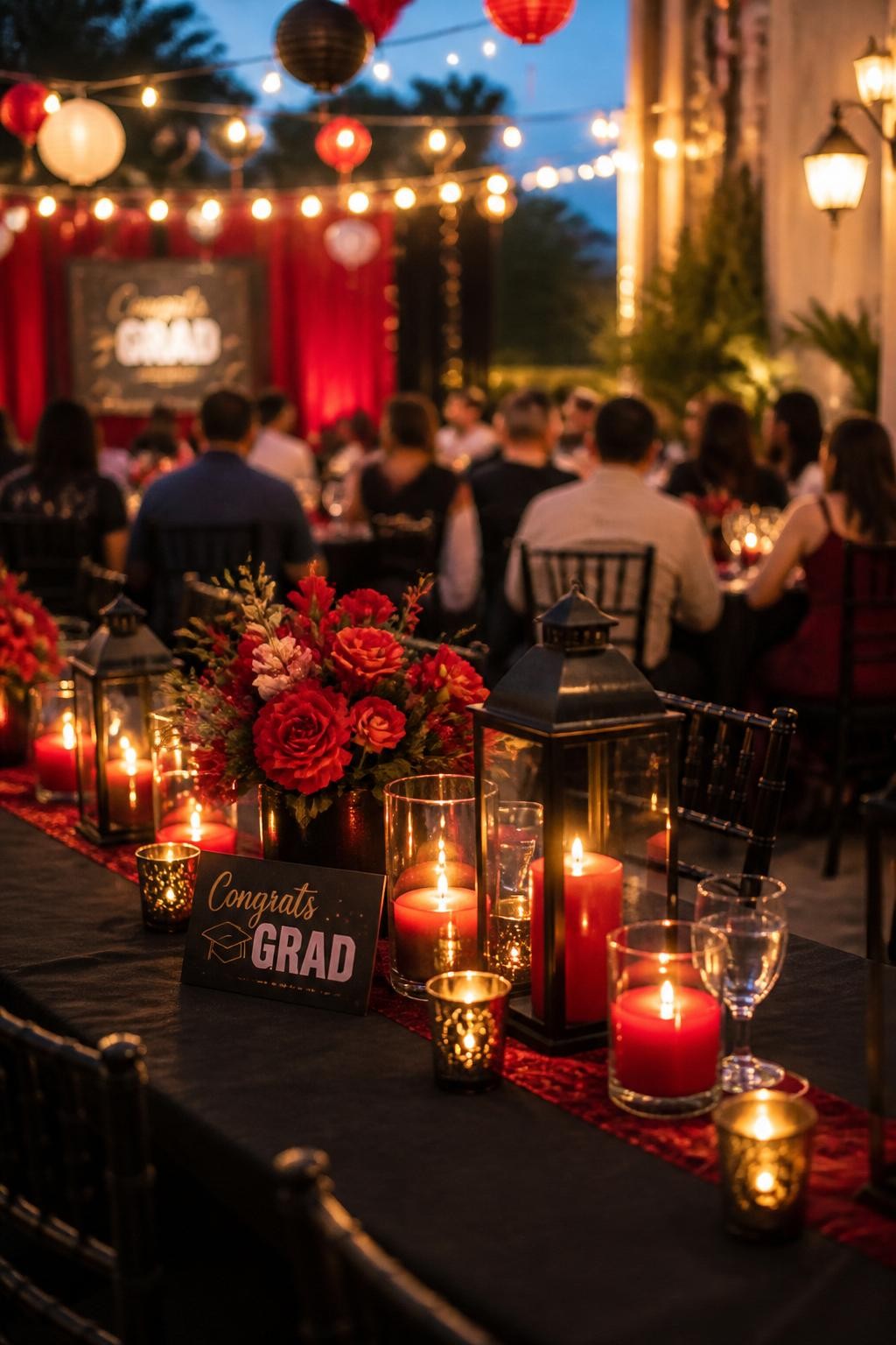 Image prompt: A realistic DSLR photo of a red and black graduation patio setup at dusk with black dining chairs, red candles, lanterns, string lights, a long table, floral centerpieces, and guests seated in the background from behind softly out of focus, warm evening lighting, cinematic realistic event photography.