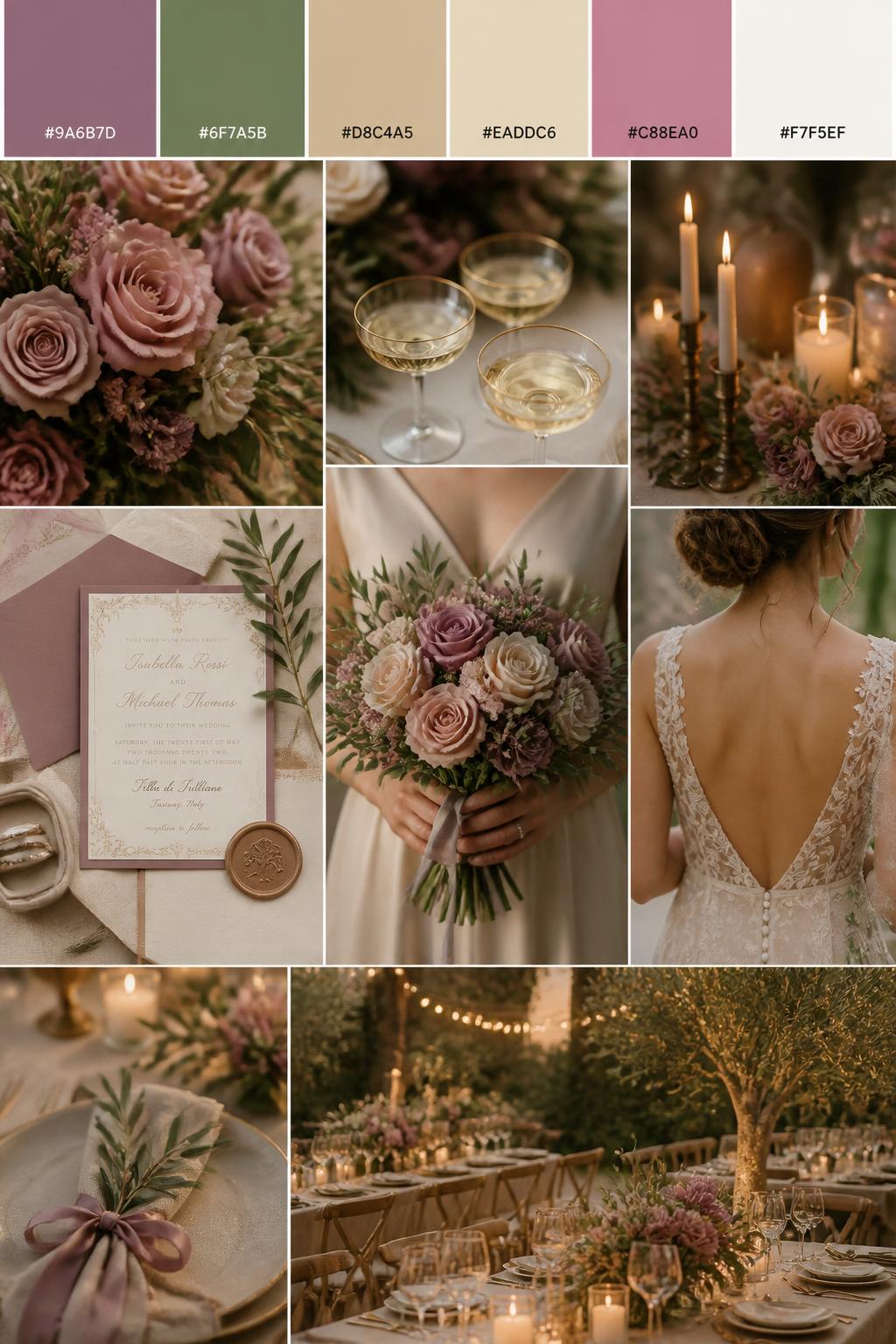 Image Prompt:
A realistic wedding color mood board in a vertical collage style. Add a top strip of palette swatches with hex codes in mauve, olive green, champagne, warm beige, dusty rose, and ivory. Below, show realistic wedding details like mauve flowers, olive branches, champagne glassware, romantic candles, elegant invitations, a bouquet held in front of the body with no face shown, back-view bridal detail shots, and a warm no-people garden reception scene with soft floral centerpieces. Use no clear faces, with a mix of cropped body details, hands-only shots, and no-people styling scenes. The look should feel soft, romantic, warm, and polished with DSLR realism. 9:16 vertical format. (no watermarks on images)