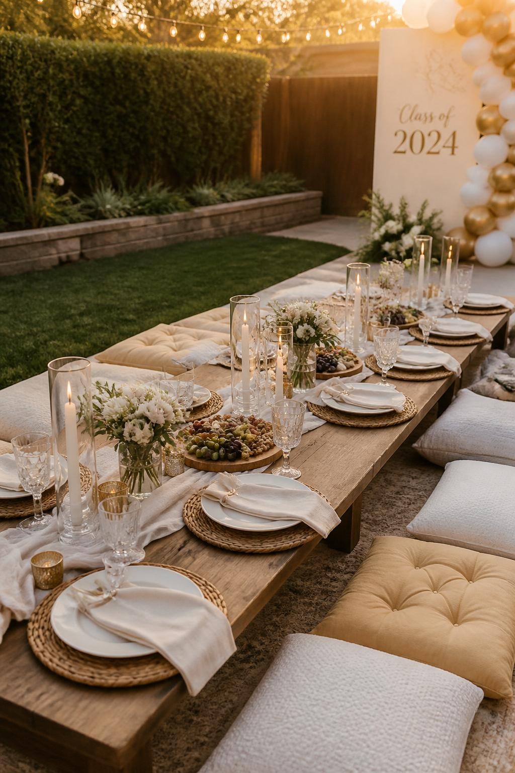 A realistic DSLR photo of a backyard graduation picnic dinner with low wooden tables, floor cushions, linen napkins, mini floral arrangements, taper candles in glass holders, woven chargers, fruit boards, and a soft cream and gold color palette, no people, golden hour sunlight, elegant realistic backyard styling.