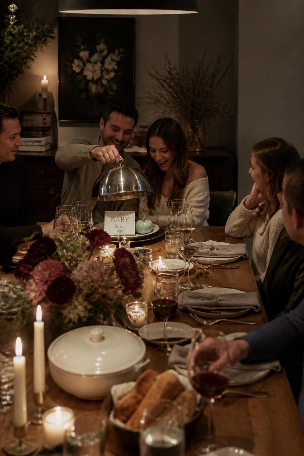 A realistic editorial photo of an intimate November gender reveal supper club, long wooden dining table, linen napkins, ceramic plates, moody flowers, candles, warm bread, covered serving dish, parents lifting a cloche to reveal a baby message and soft color detail, cozy elegant dinner party atmosphere, DSLR photography