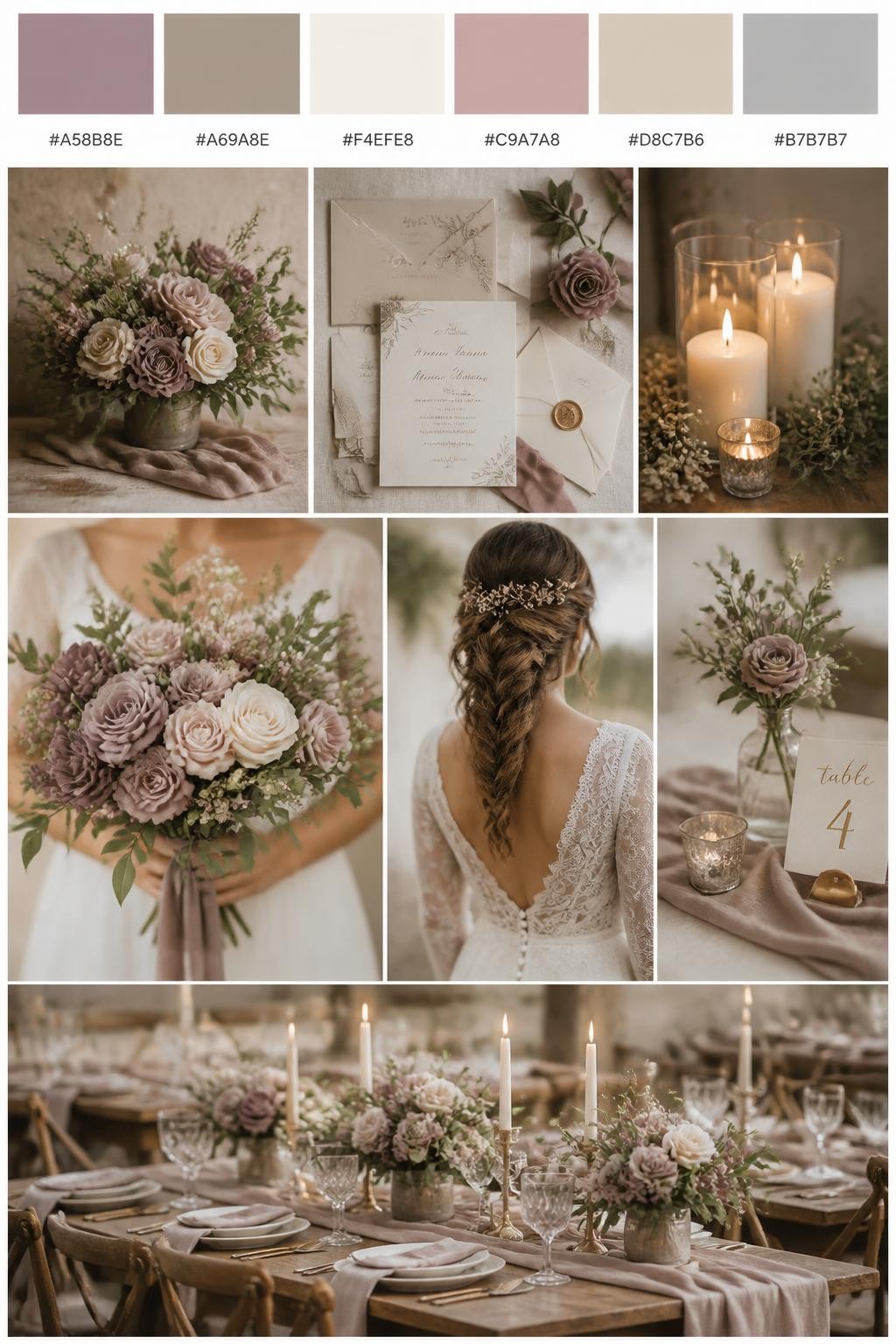 Image Prompt:
A realistic wedding color scheme mood board with a top swatch strip and small hex codes in mauve, taupe, cream, dusty rose, warm beige, and soft gray. Below, create a soft rustic collage of mauve flowers, taupe linens, cream candles, airy invitations, hands holding a bouquet, a back-view bridal detail, and a no-people reception table with rustic wood styling and soft floral centerpieces. Use no clear faces and mix detail shots with no-people decor images for variety. The mood should feel calm, romantic, rustic, and elegant with soft natural light and DSLR-style realism. 9:16 vertical format. (no watermarks on images)