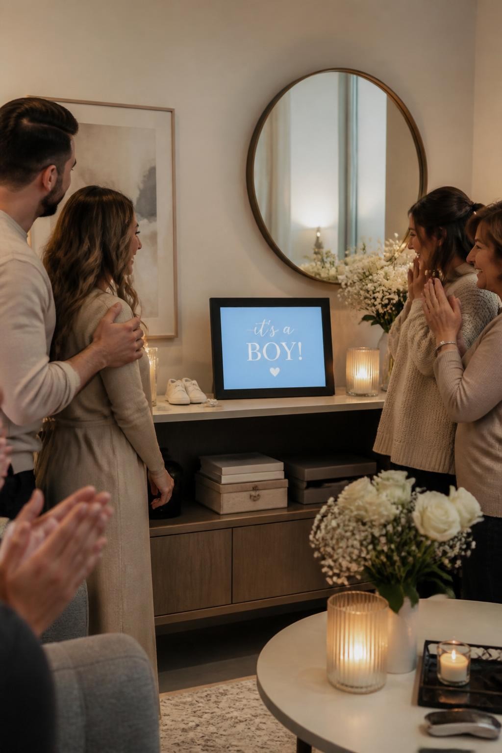 A realistic editorial photo of a modern intimate gender reveal setup in a living room, digital picture frame on a console table, baby shoes, candles, flowers, parents and close family gathered around as the slideshow changes to a reveal announcement in one color, warm home lighting