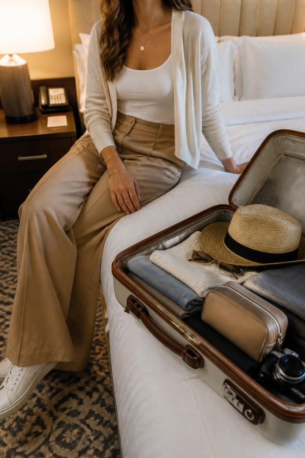 Image Prompt:
A realistic hotel room travel photoshoot of an adult woman sitting on the edge of a hotel bed beside an open stylish suitcase filled with neatly folded clothes, a straw hat, sunglasses, a small toiletry pouch, and a camera. She wears a casual but chic travel outfit with wide-leg trousers, a fitted top, and a light cardigan. Her face is cropped out at the shoulders. The room has neutral bedding, warm lamp light, a nightstand, and soft travel details. Editorial travel photography, realistic hotel room setting, vertical composition.