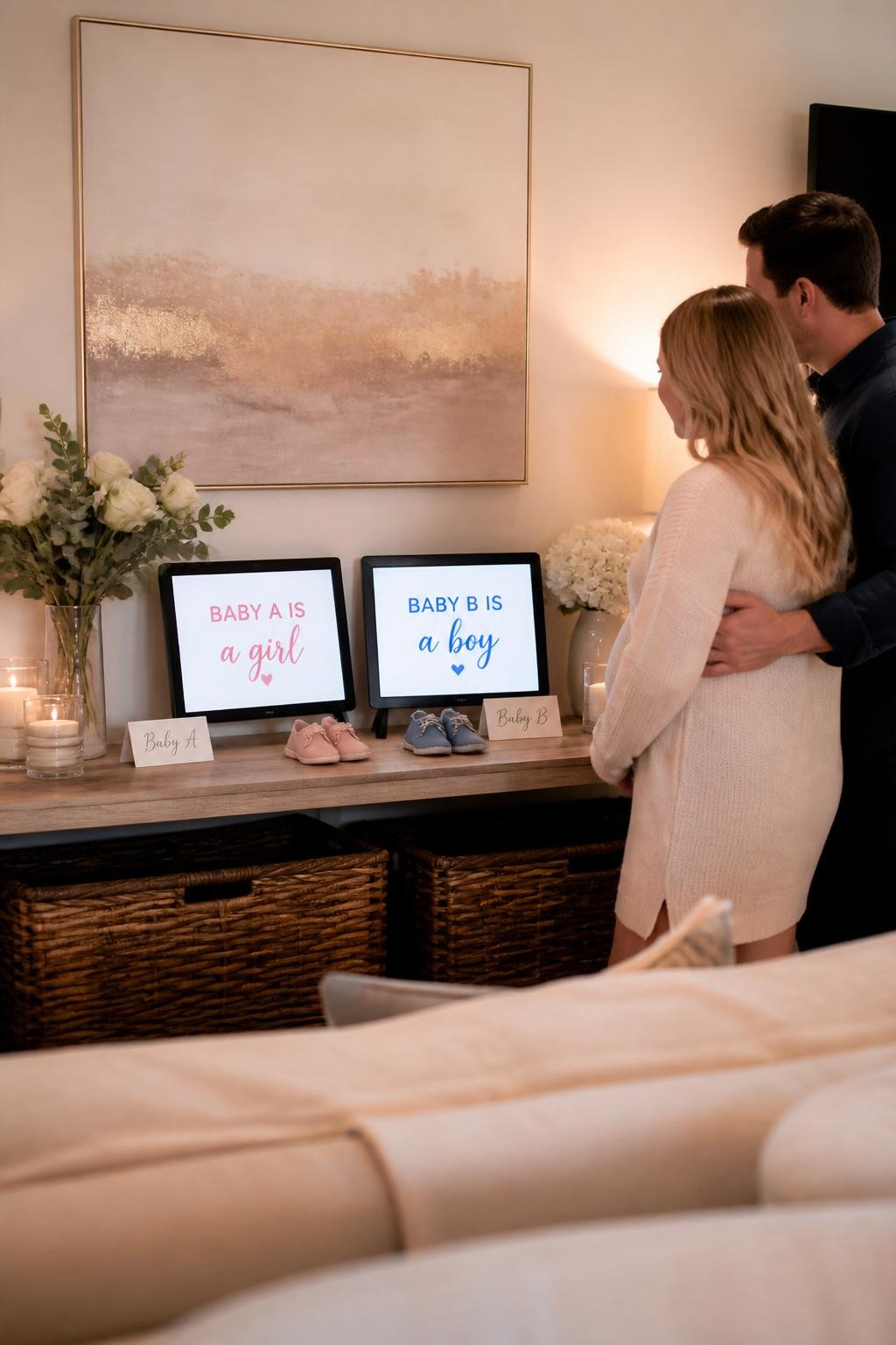 A realistic photo of a modern twin gender reveal living room setup, two digital picture frames on a console table labeled Baby A and Baby B, candles, baby shoes, neutral flowers, parents watching as both frames change to reveal messages in two colors, warm home lighting, DSLR lifestyle photography