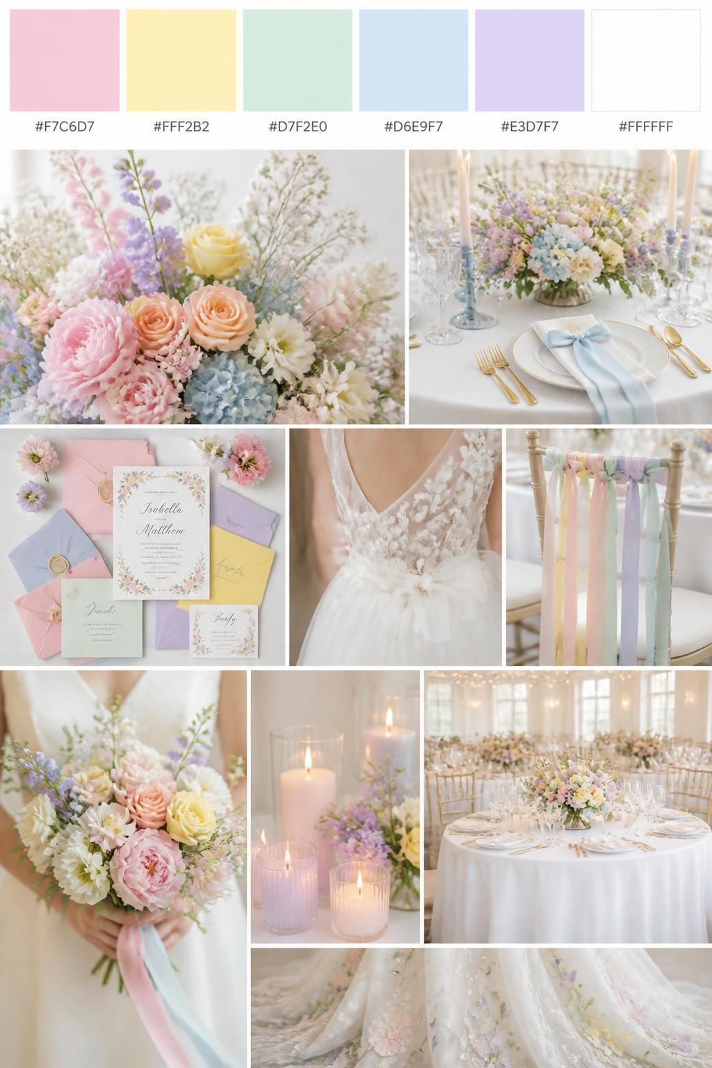 Image Prompt:
A realistic wedding palette board featuring a top row of color swatches and hex codes in pastel pink, pale yellow, mint green, powder blue, lavender, and white. Below, show a polished collage of wedding visuals: mixed pastel flowers, white table linens, pastel ribbon details, soft candles, colorful invitation styling, cropped dress detail shots, bouquet styling in hands-only composition, and no-people reception tables glowing in soft light. Avoid showing faces by using back angles, side crops, waist-up detail framing, and no-people scenes. The collage should feel cute, joyful, airy, and romantic with DSLR-quality detail. 9:16 vertical format. (no watermarks on images)