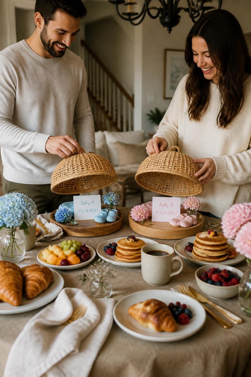 A realistic editorial photo of a cozy twin gender reveal breakfast table, two covered breakfast trays labeled Baby A and Baby B, pancakes, pastries, fruit, coffee mugs, soft linen napkins, parents lifting both tray covers to reveal two small message cards and colored details, warm morning light, lifestyle photography