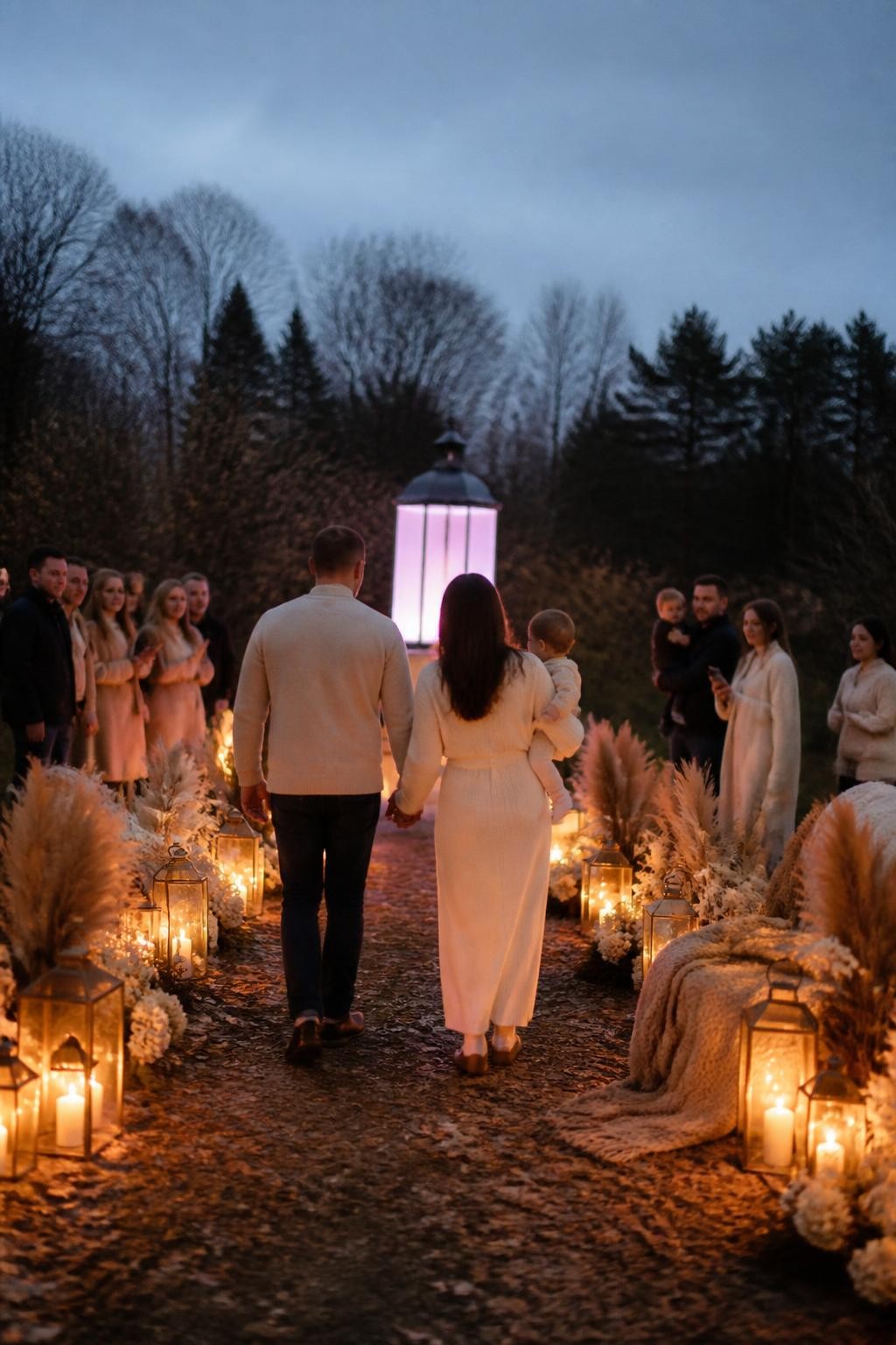 A realistic editorial photo of a November gender reveal at twilight, short path lined with warm lanterns, dried grasses, cream flowers, cozy blankets, parents walking toward one final lantern glowing in a soft reveal color, small family gathered nearby, elegant late autumn outdoor atmosphere, vertical DSLR photography