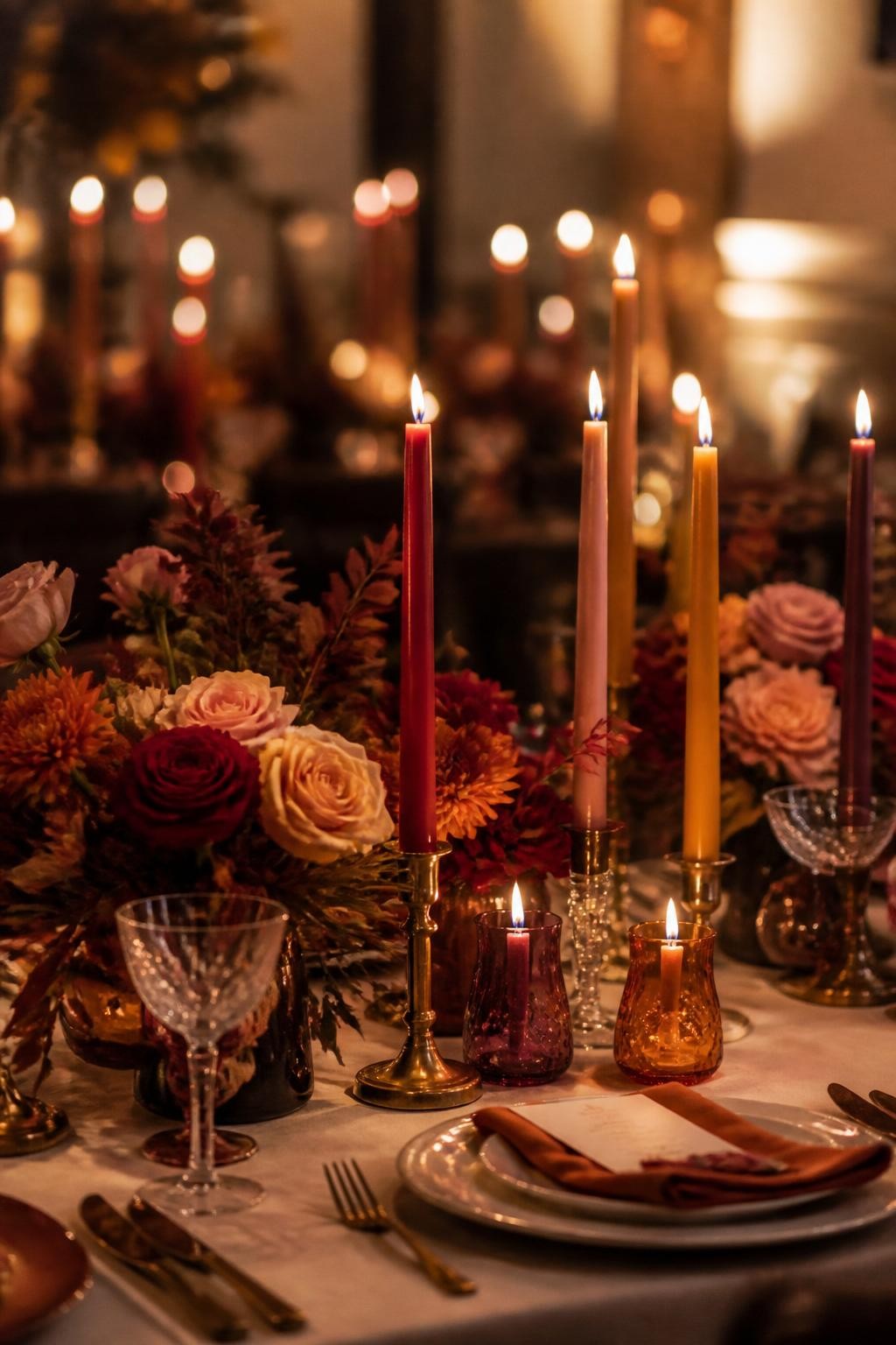 Realistic DSLR photo of a fall wedding reception table filled with taper candles in vivid shades of rust, wine red, saffron, plum, terracotta, and blush, arranged in mixed brass and colored glass candle holders, with lush floral centerpieces and elegant place settings, moody candlelit reception atmosphere.