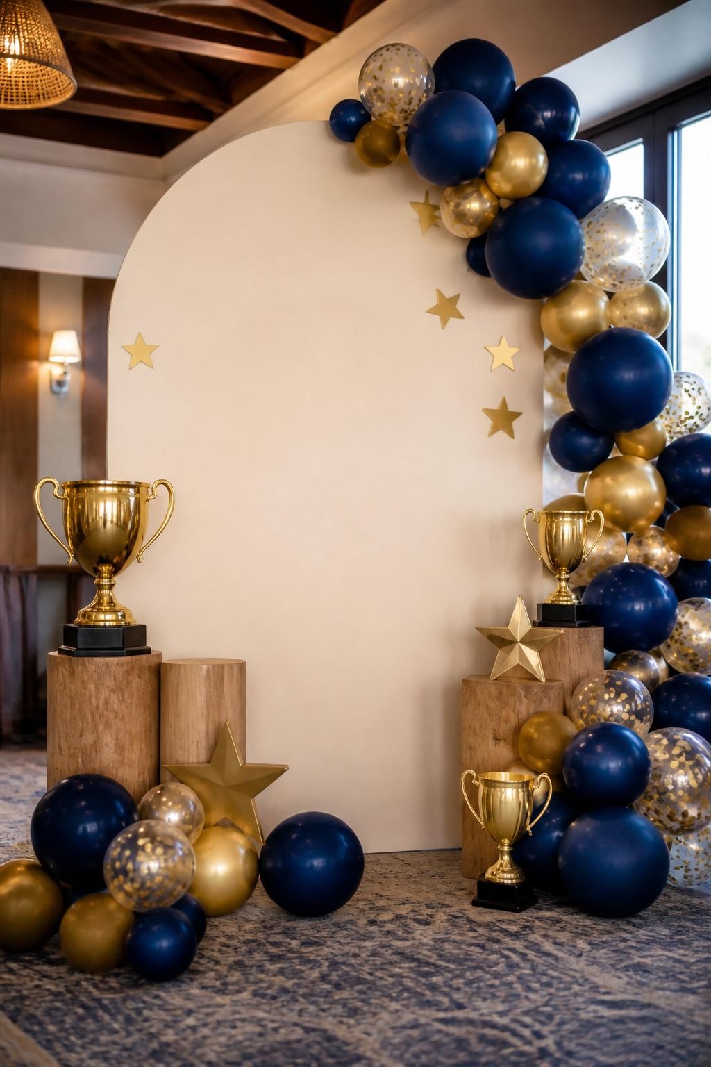 Image Prompt:
A single realistic photo of a Father’s Day backdrop with a cream arched panel, gold trophy props arranged at the base, navy and gold balloon clusters, wooden plinths, small star accents, warm indoor party space, no people, no faces, realistic event photography, no readable text, no watermark.
