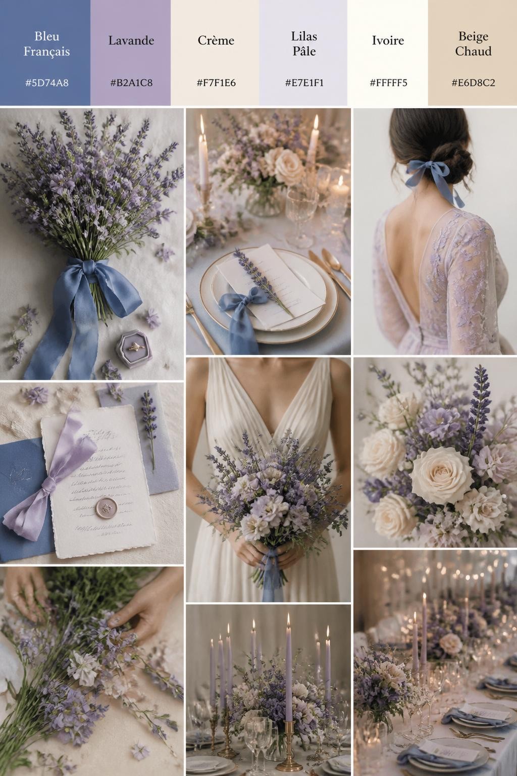Image Prompt:
A realistic wedding inspiration mood board with a top strip of swatches and hex codes in French blue, lavender, cream, pale lilac, ivory, and warm beige. Below, create a dreamy collage with lavender flowers, French blue ribbons, cream table styling, elegant table settings, silk ribbon stationery, a cropped dress shot from below the chin, hands arranging flowers, and candlelit reception decor. Use a mix of no-people flat lays, bouquet close-ups, back-view styling, and side-angle detail photos with no visible full faces. The mood should feel soft, airy, romantic, and slightly dreamy with realistic DSLR photo quality. 9:16 vertical format. (no watermarks on images)
