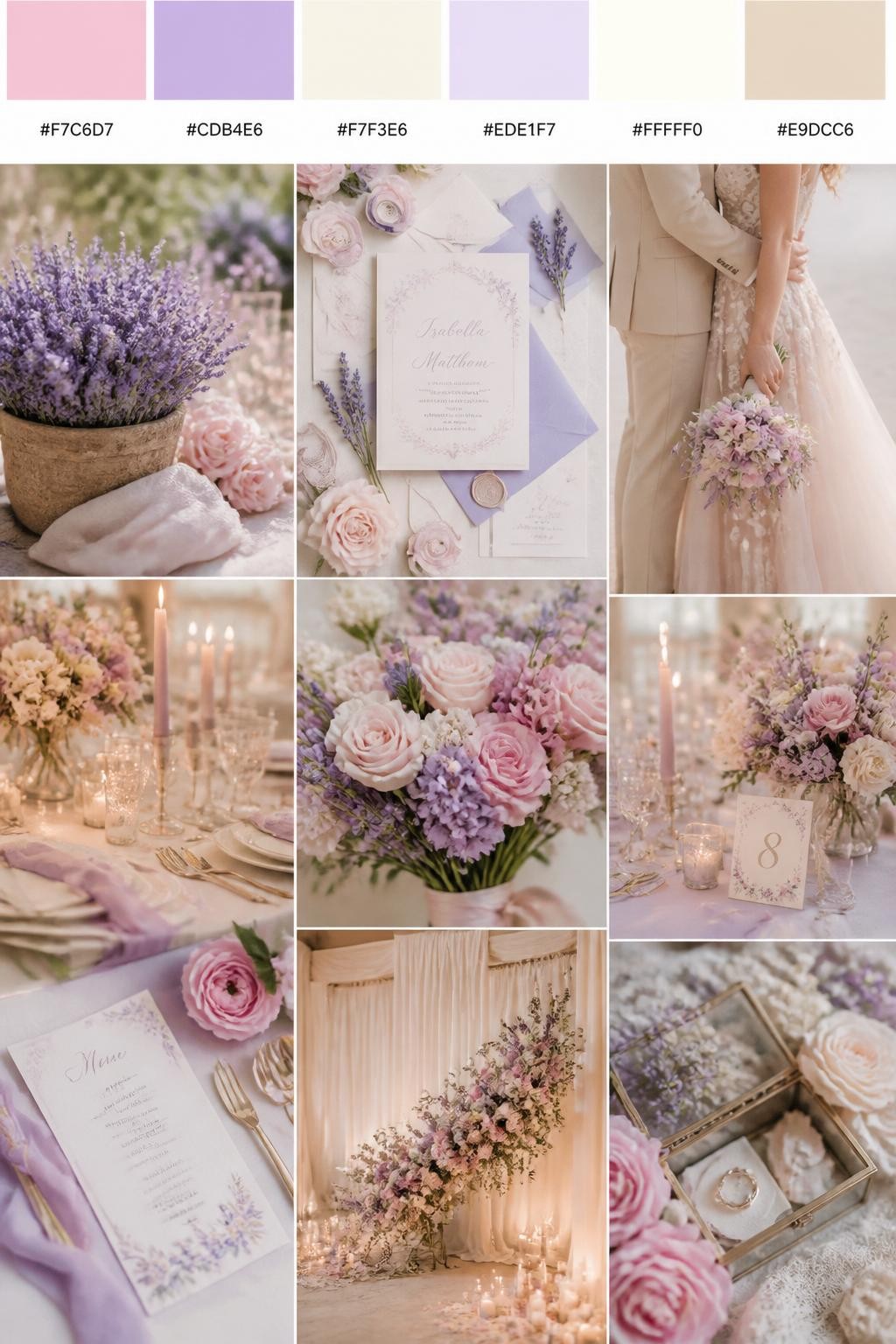 Image Prompt:
A realistic wedding palette mood board in a polished Pinterest collage layout. Include a top strip of color swatches with hex codes in baby pink, lavender, cream, pale lilac, ivory, and warm beige. Below, show a soft romantic collage with lavender flowers, baby pink roses, cream table styling, invitation flat lays, candlelit details, a side-view cropped couple shot with no faces visible, bouquet close-ups, and softly lit decor scenes. Keep variety in the compositions with no full faces, using back views, hands-only images, and no-people styling scenes. The mood should feel sweet, dreamy, and romantic with real DSLR photo quality. 9:16 vertical format. (no watermarks on images)